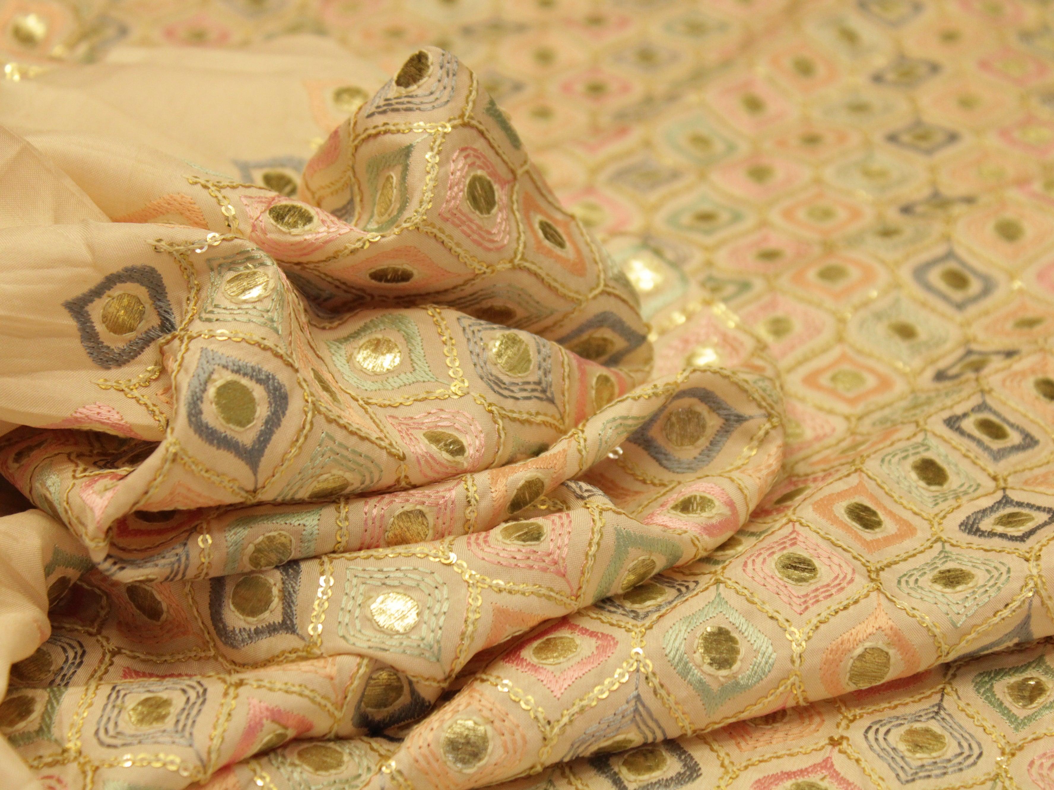 Celestial Threads: Muslin Silk Multi Thread Work Fiesta fabric - Baby Peach - M'Foks