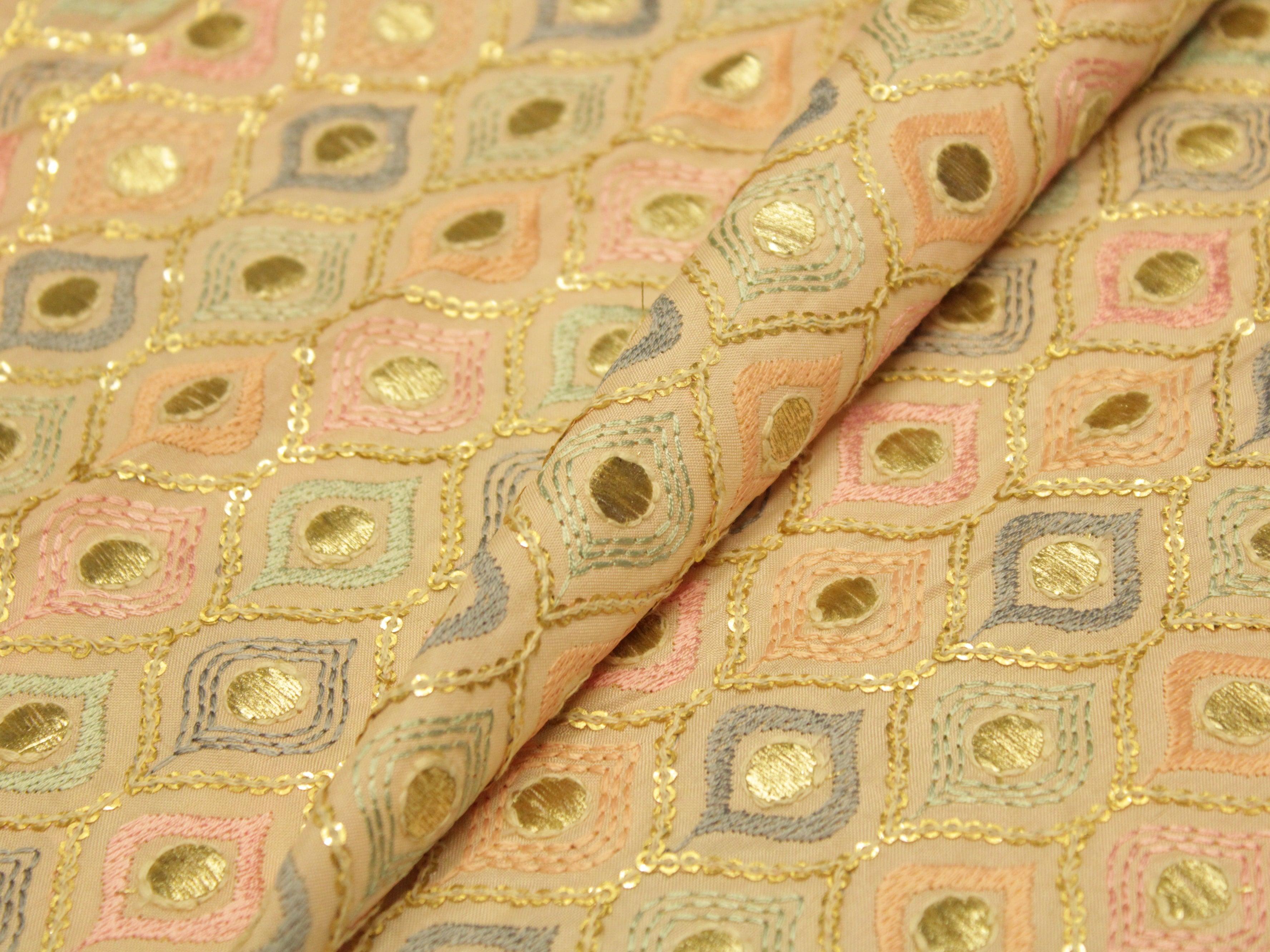 Celestial Threads: Muslin Silk Multi Thread Work Fiesta fabric - Baby Peach - M'Foks