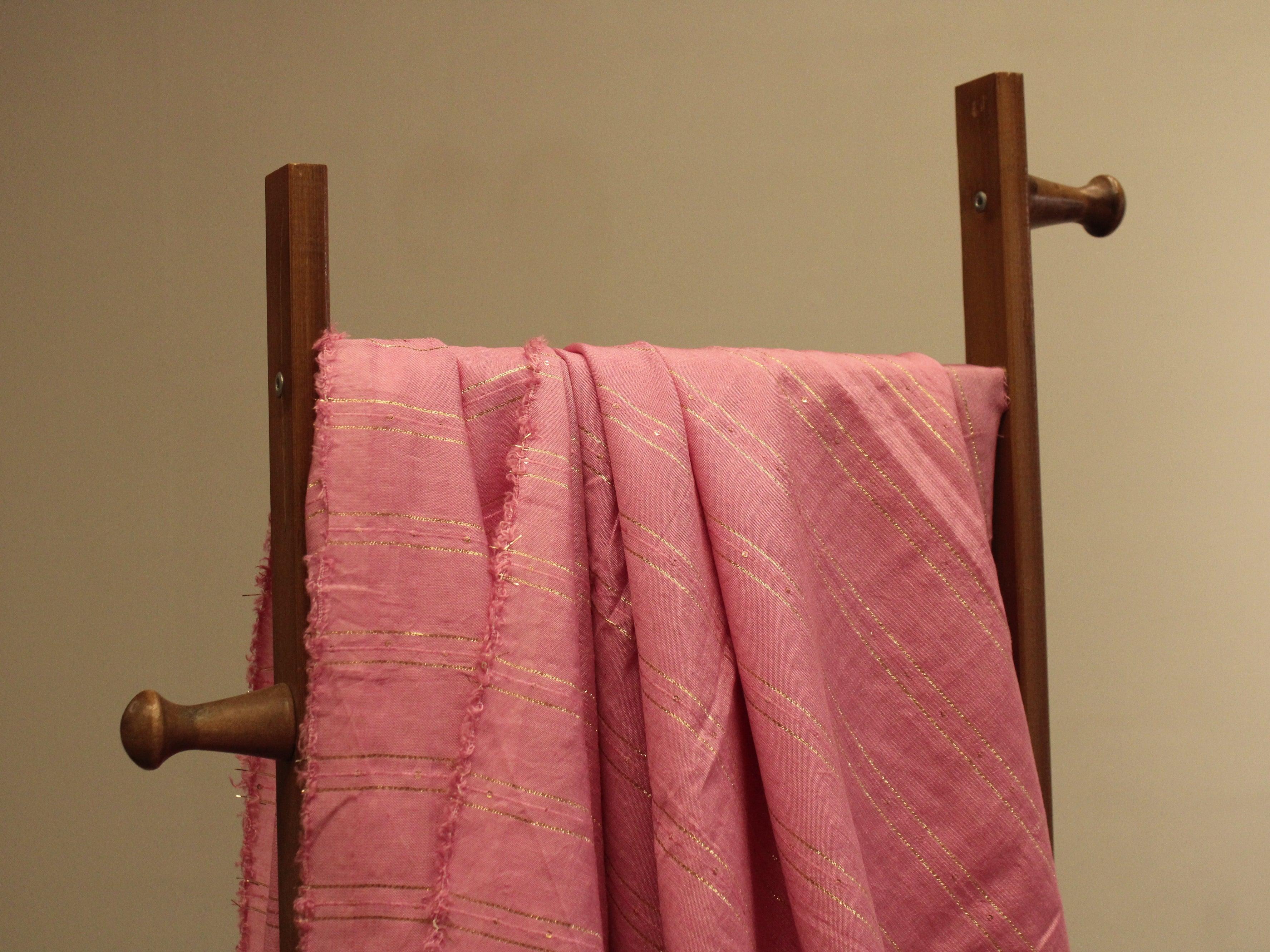 Chanderi Silk Sequin Woven Work Fabric - Pink - M'Foks