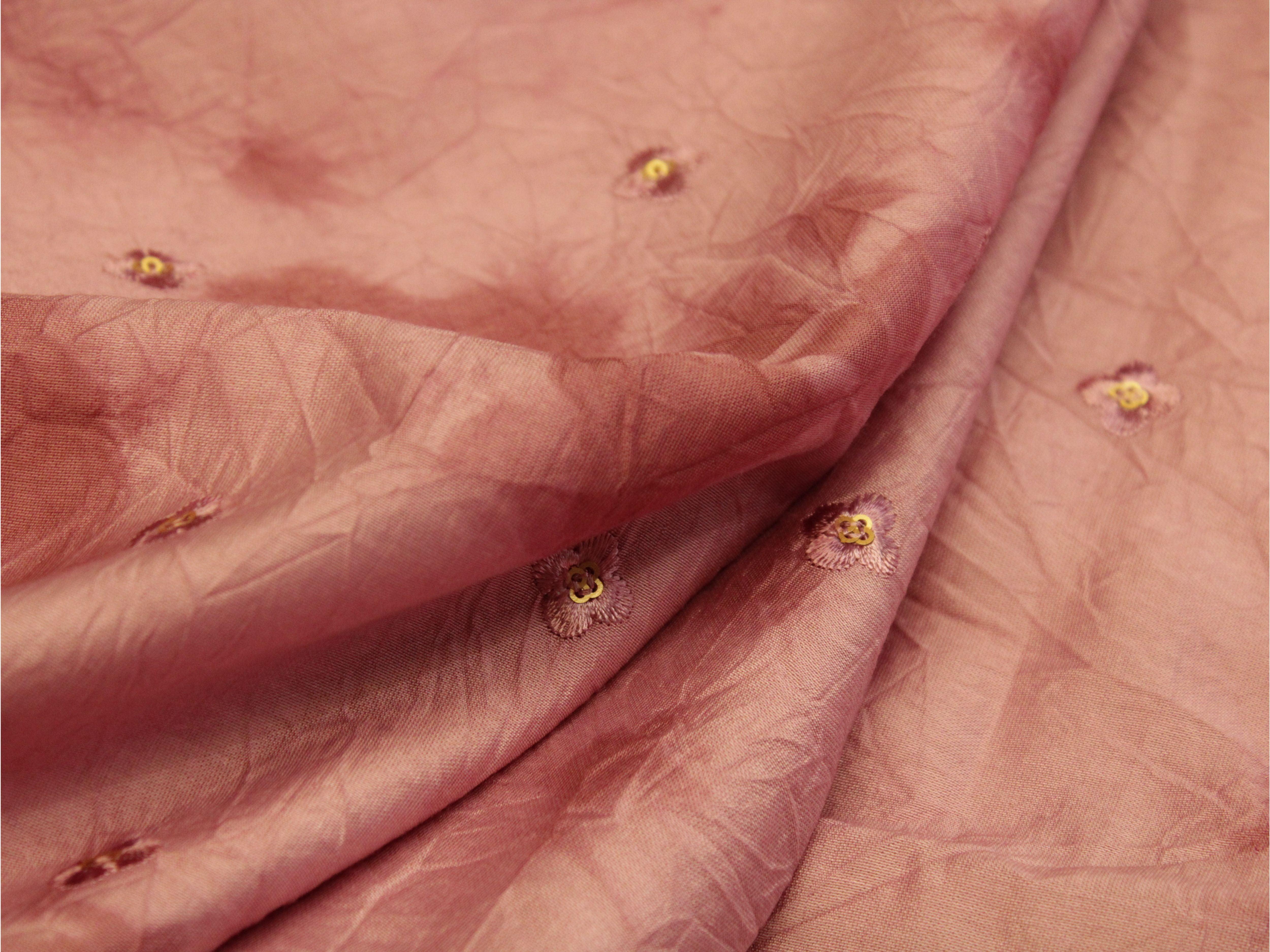 Chanderi Silk Thread & Sequin Buti Work Fabric - Tie & Dye Onion - M'Foks