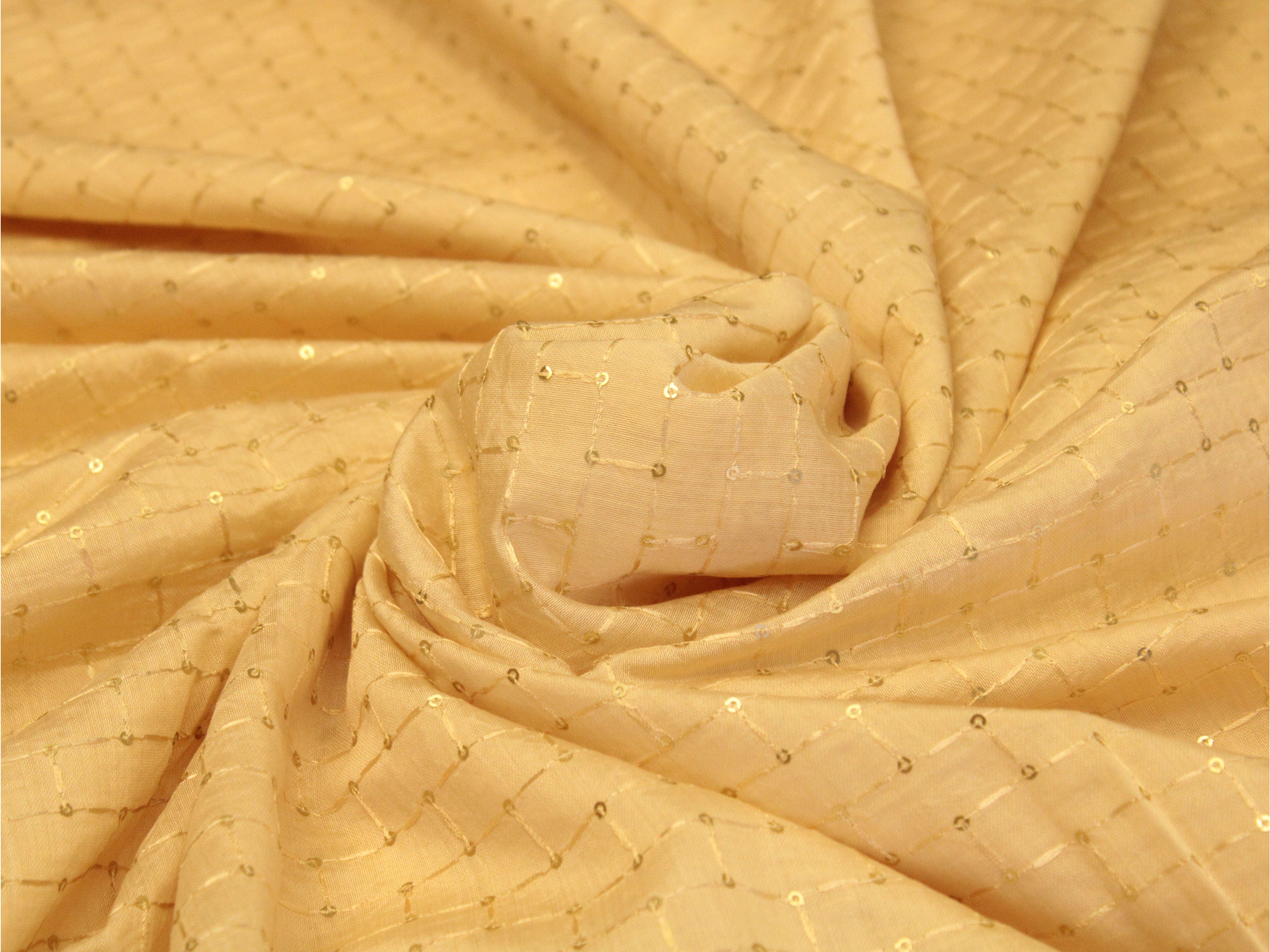 Chanderi Silk Thread & Sequin Work Fabric - Beige - M'Foks