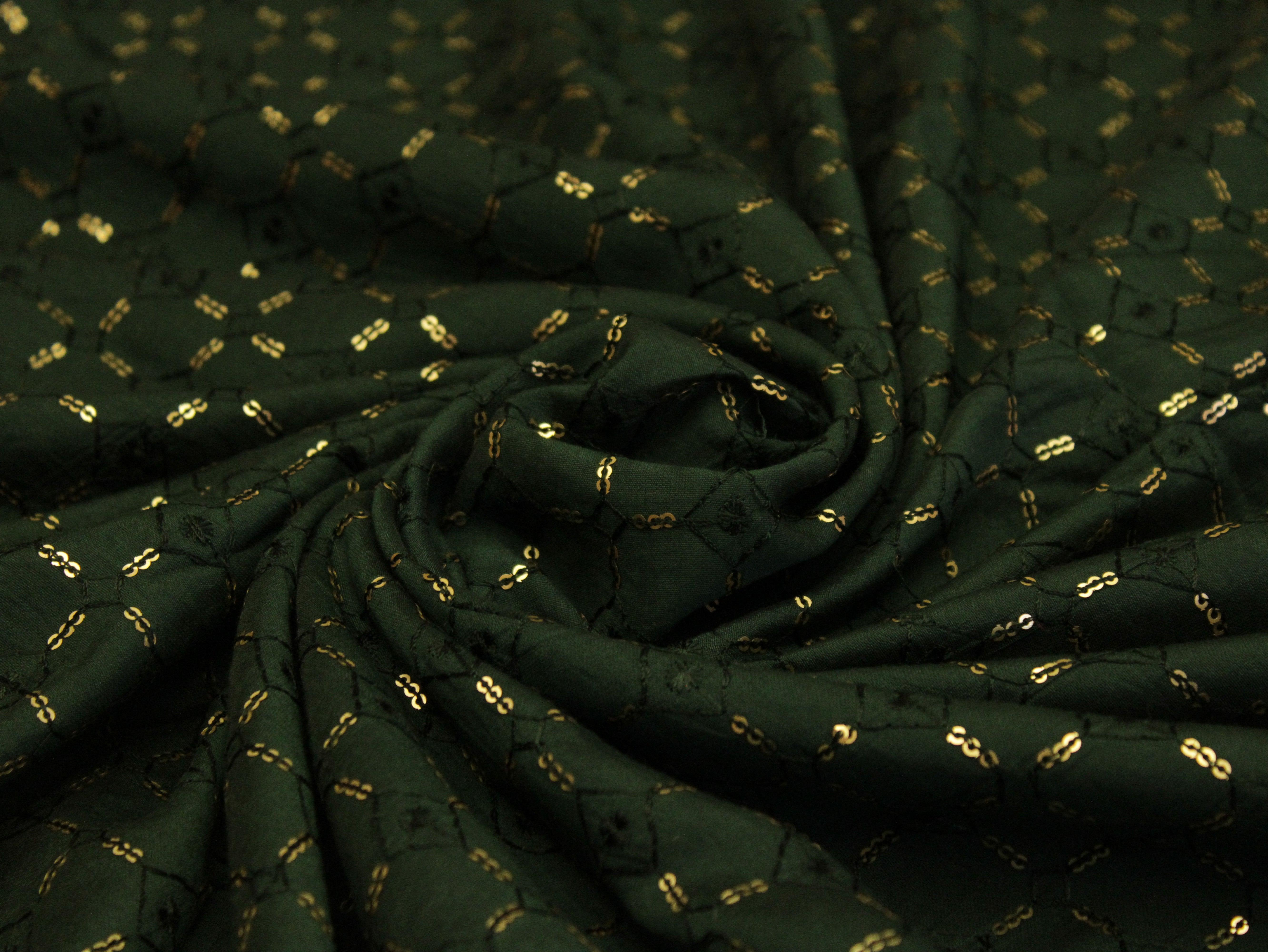 Chanderi Silk Thread & Sequin Work Fabric - Bottle Green - M'Foks