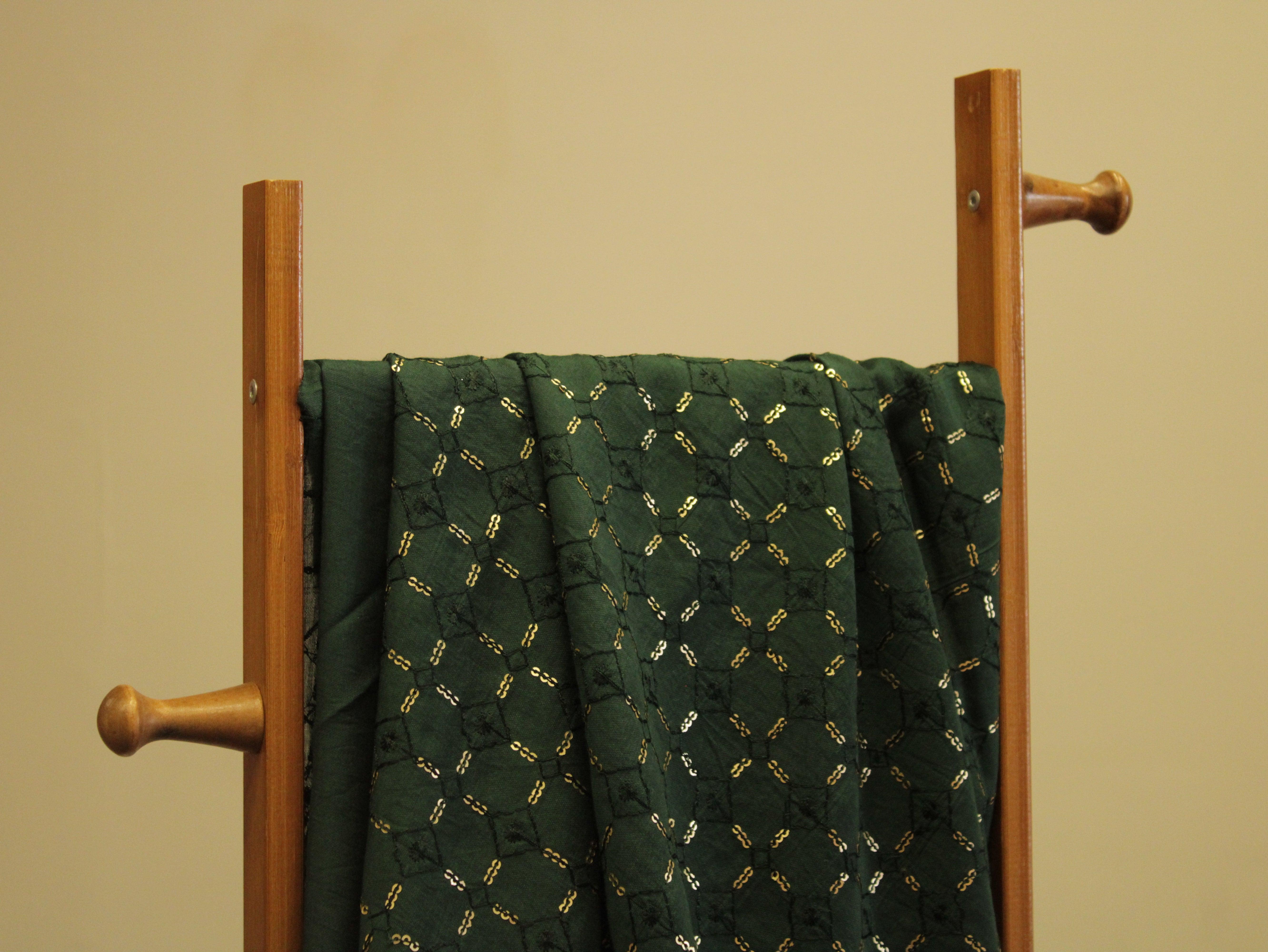 Chanderi Silk Thread & Sequin Work Fabric - Bottle Green - M'Foks