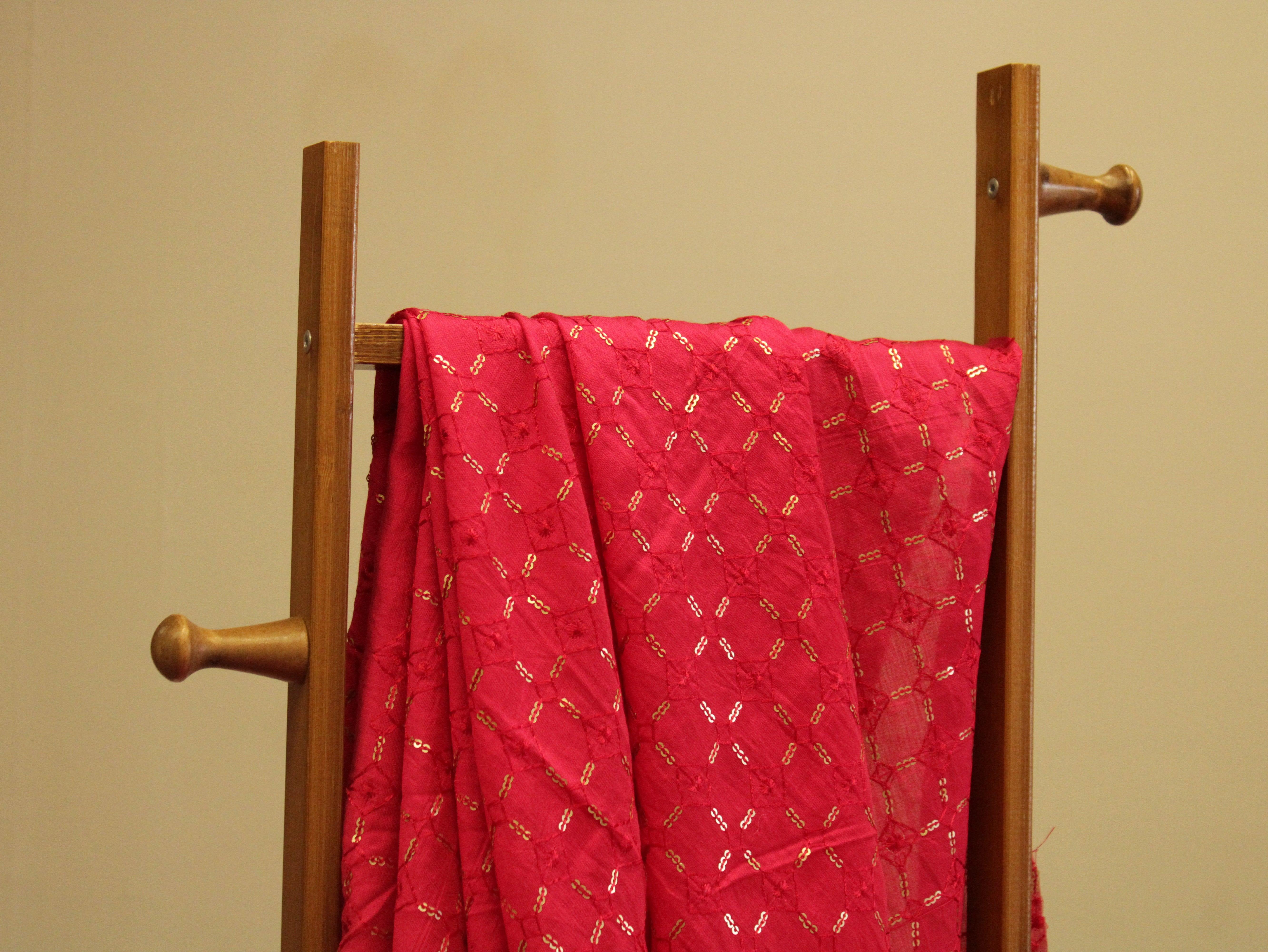 Chanderi Silk Thread & Sequin Work Fabric - Cherry Rani - M'Foks