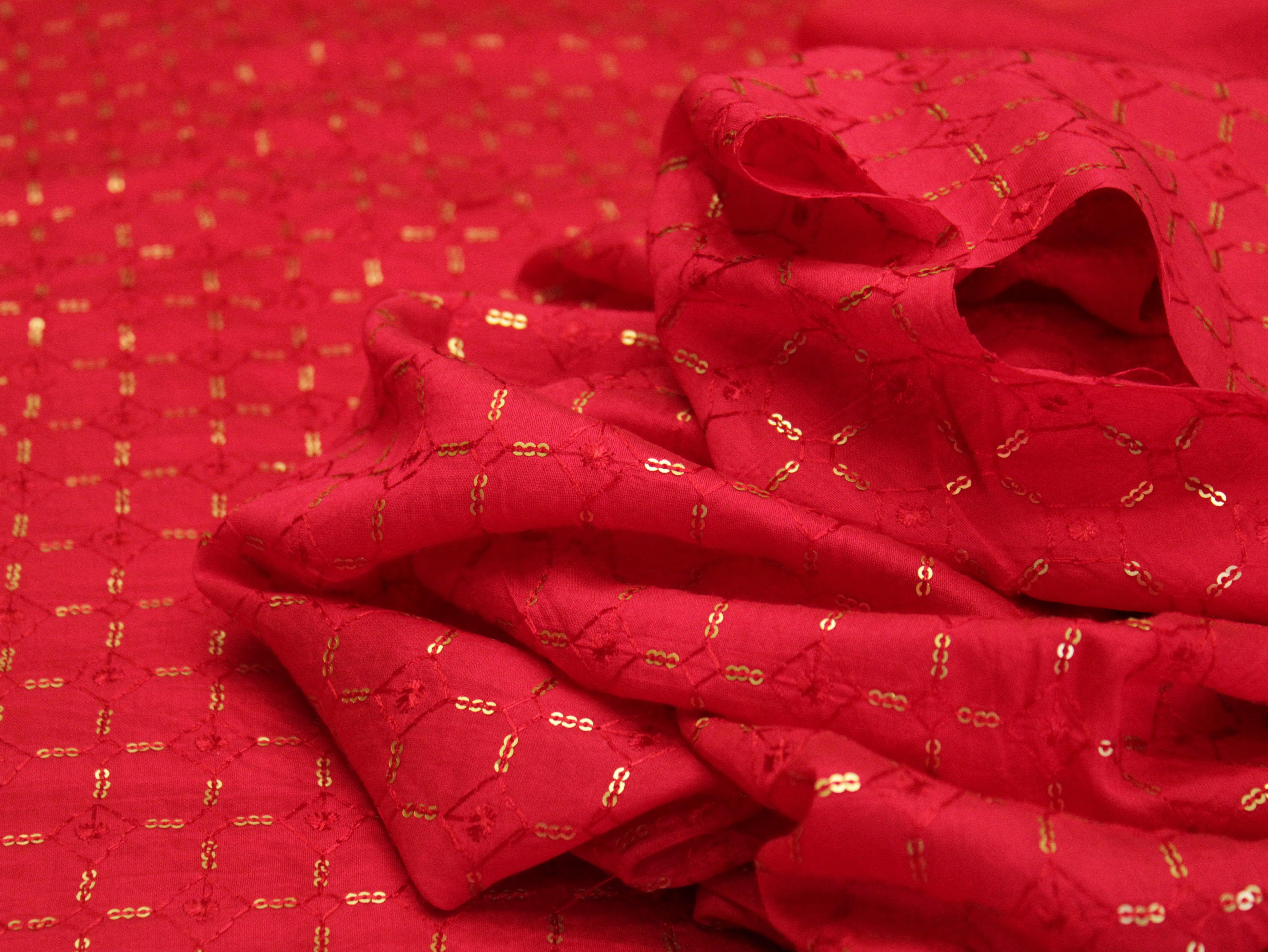 Chanderi Silk Thread & Sequin Work Fabric - Cherry Rani - M'Foks