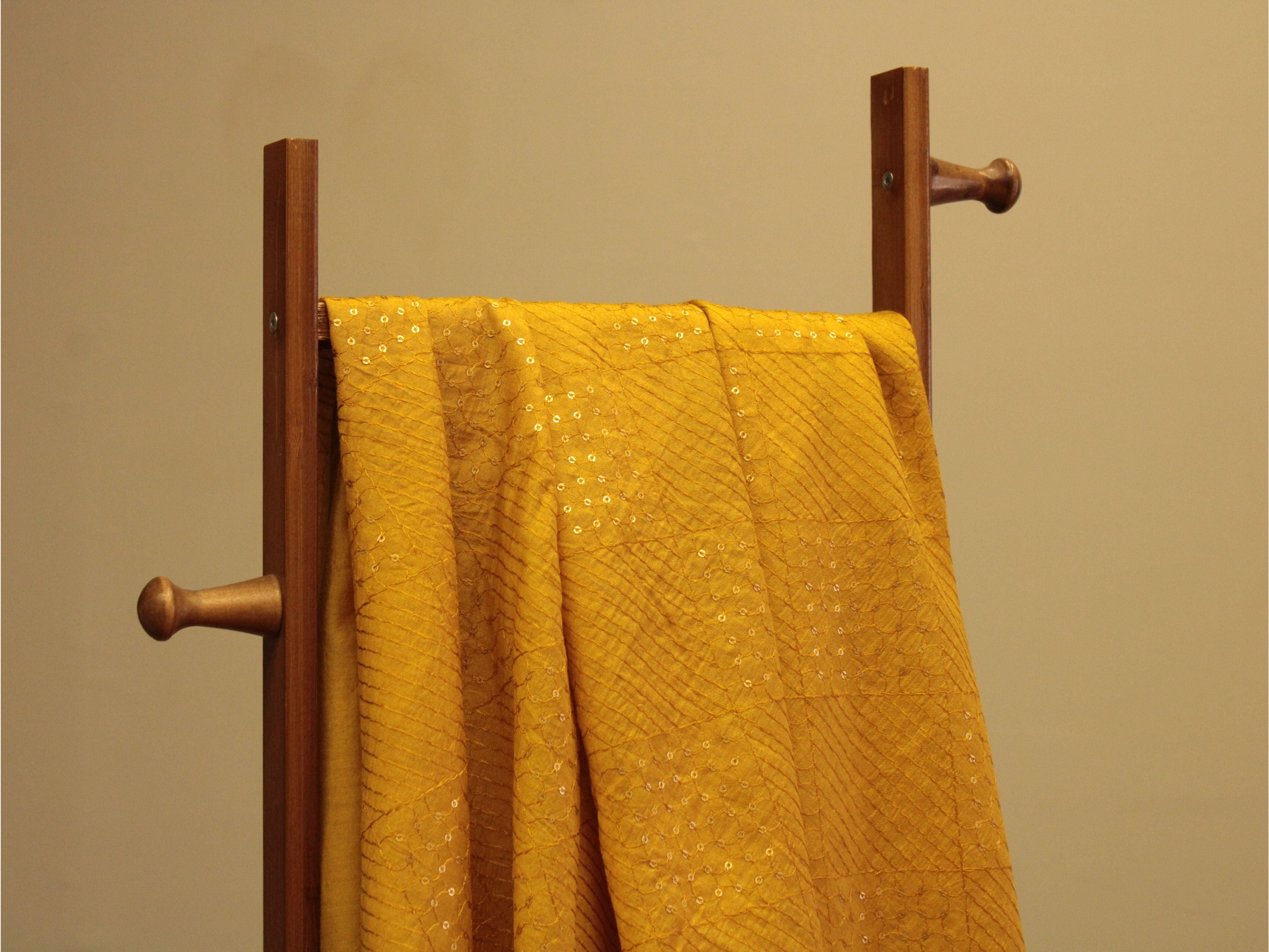 Chanderi Silk Thread & Sequin Work Fabric - Mustard - M'Foks