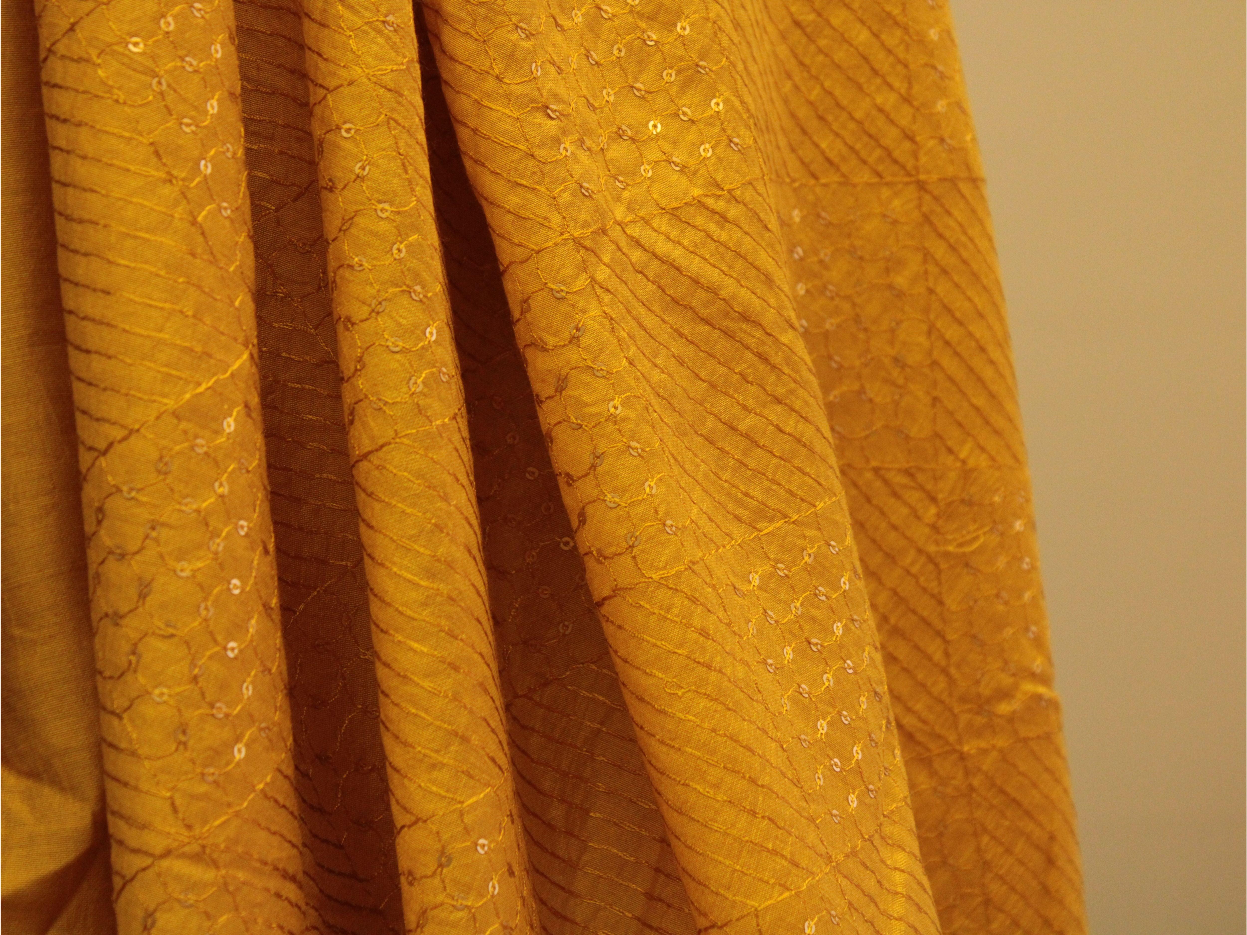 Chanderi Silk Thread & Sequin Work Fabric - Mustard - M'Foks