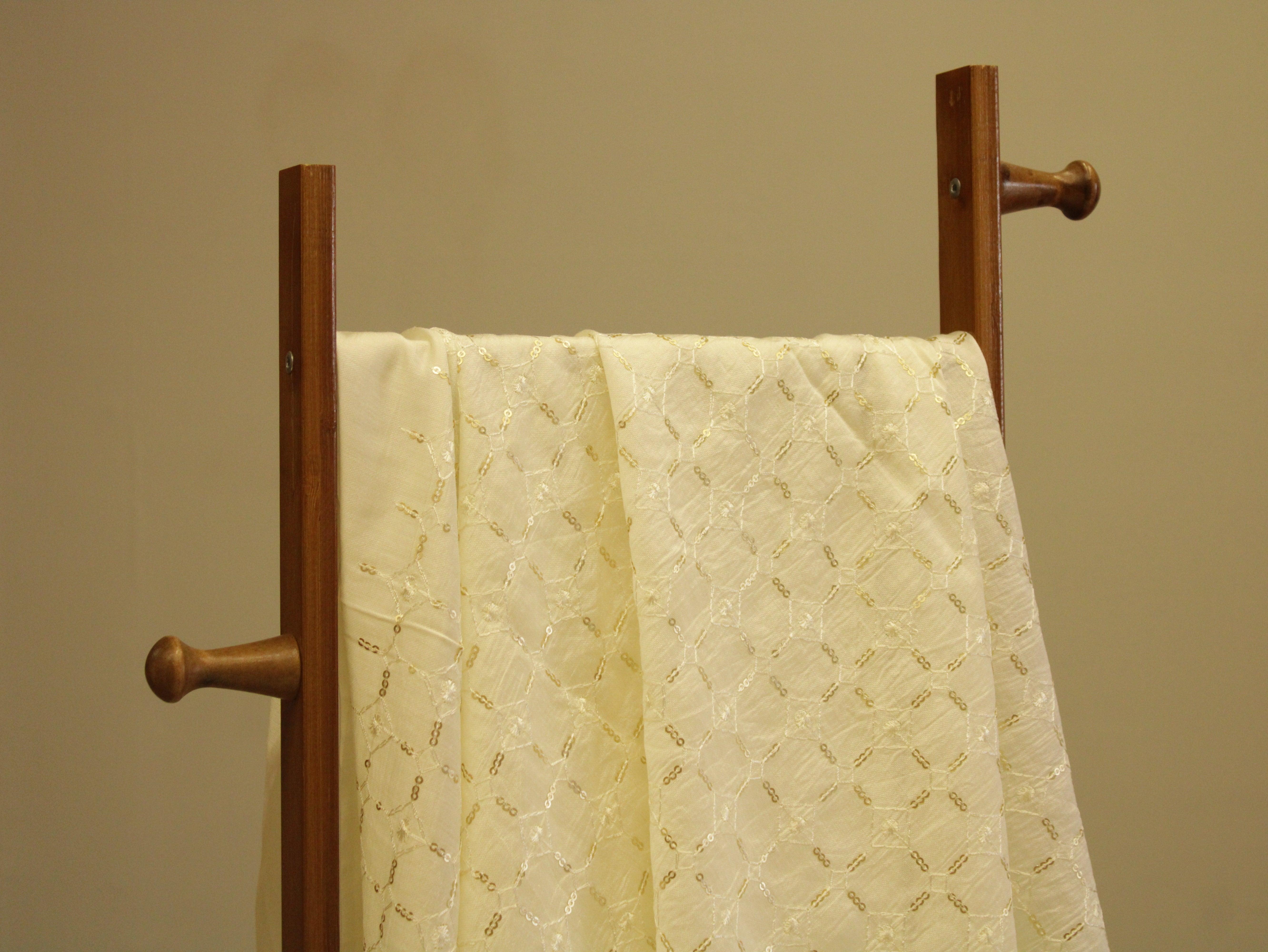 Chanderi Silk Thread & Sequin Work Fabric - Off White - M'Foks