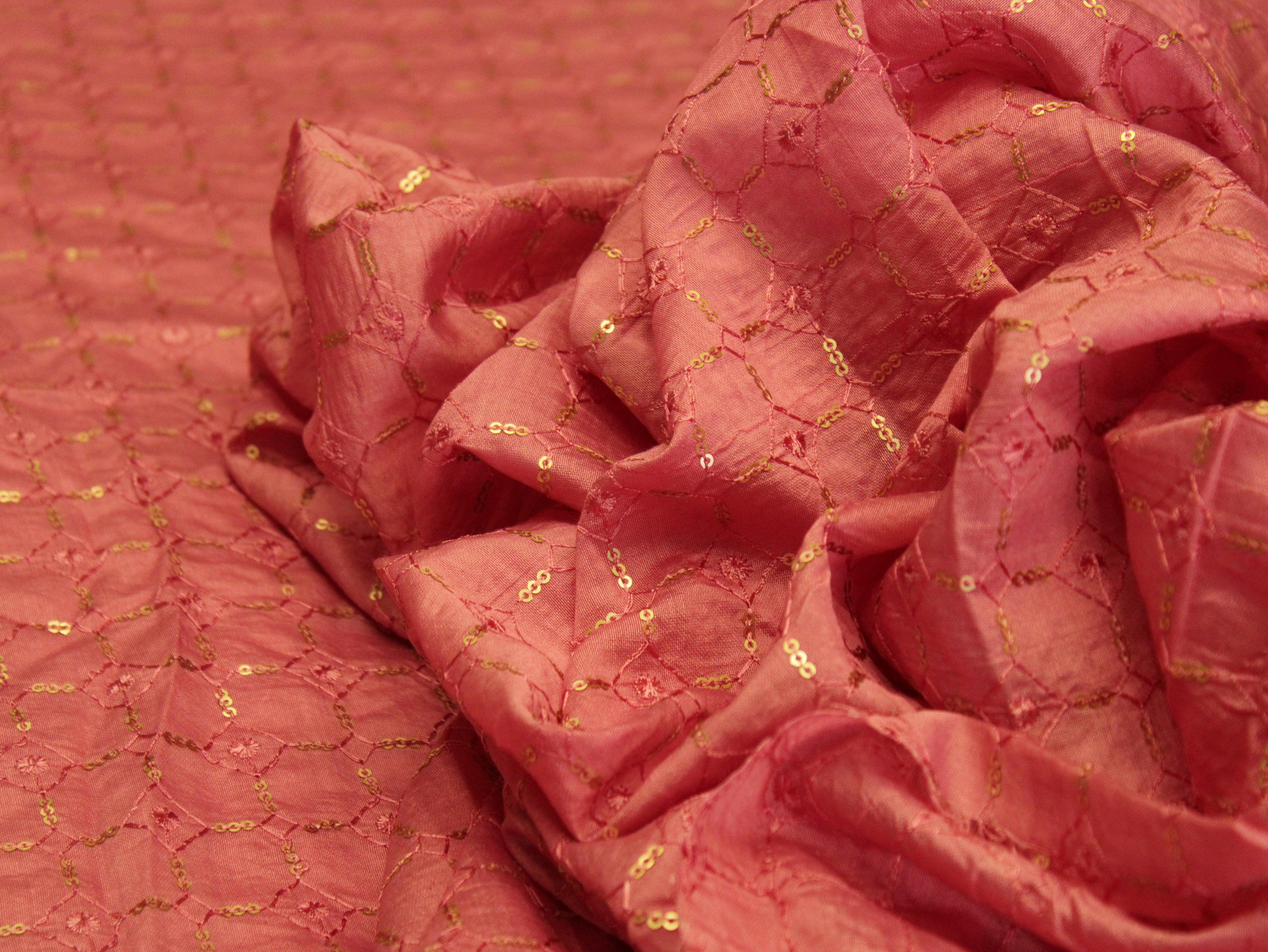 Chanderi Silk Thread & Sequin Work Fabric - Onion - M'Foks