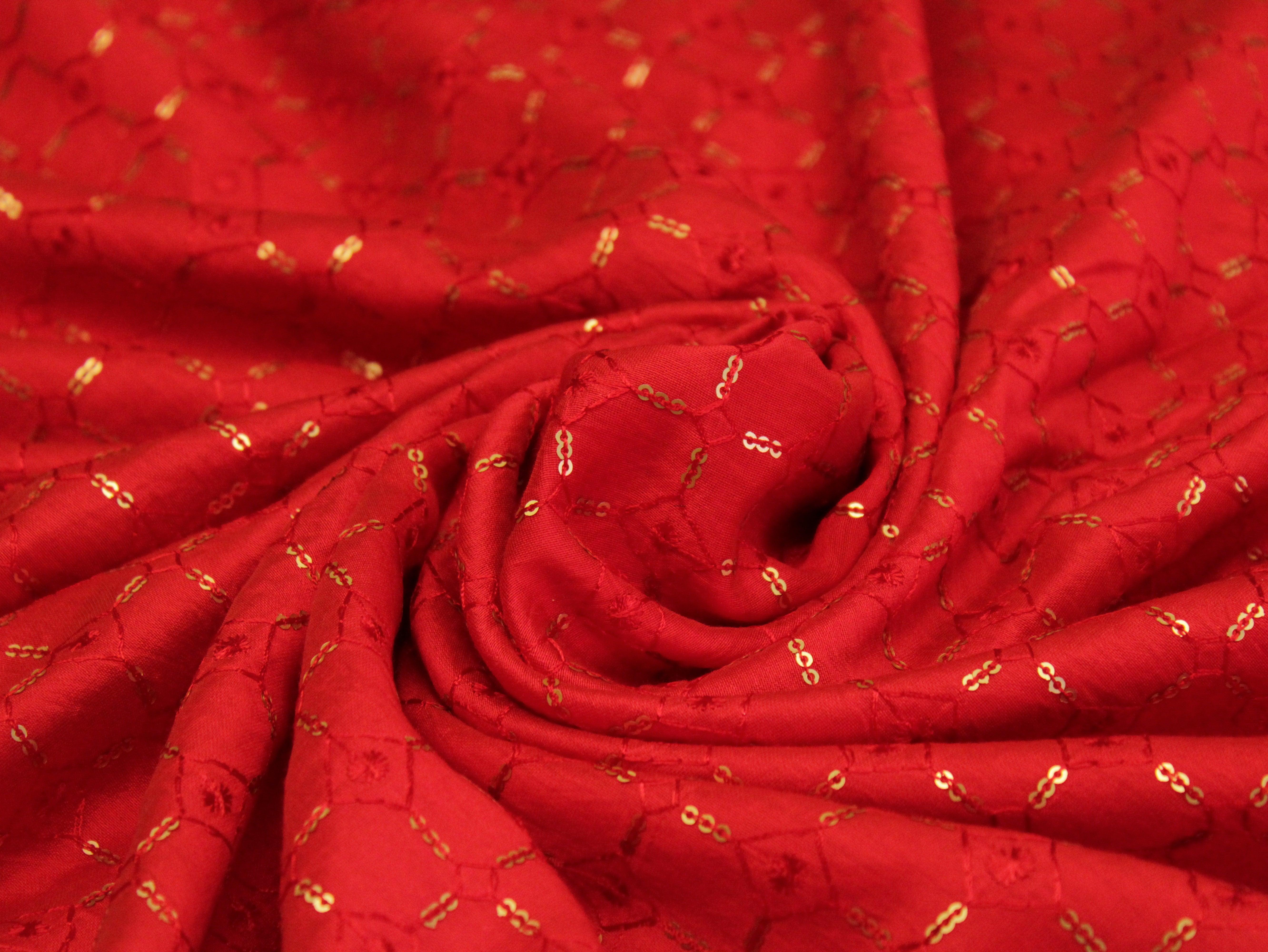 Chanderi Silk Thread & Sequin Work Fabric - Red - M'Foks