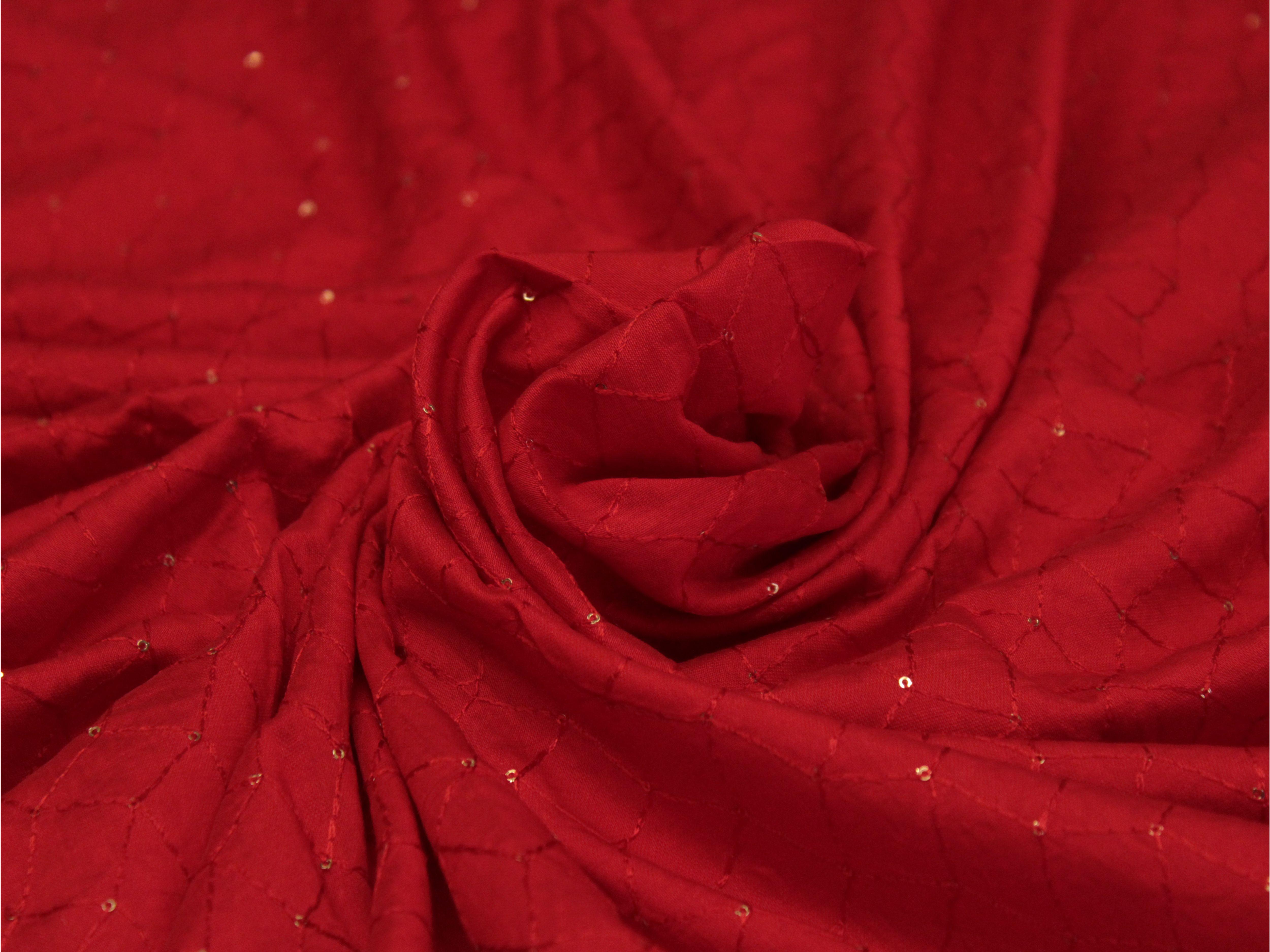 Chanderi Silk Thread & Sequin Work Fabric - Red - M'Foks