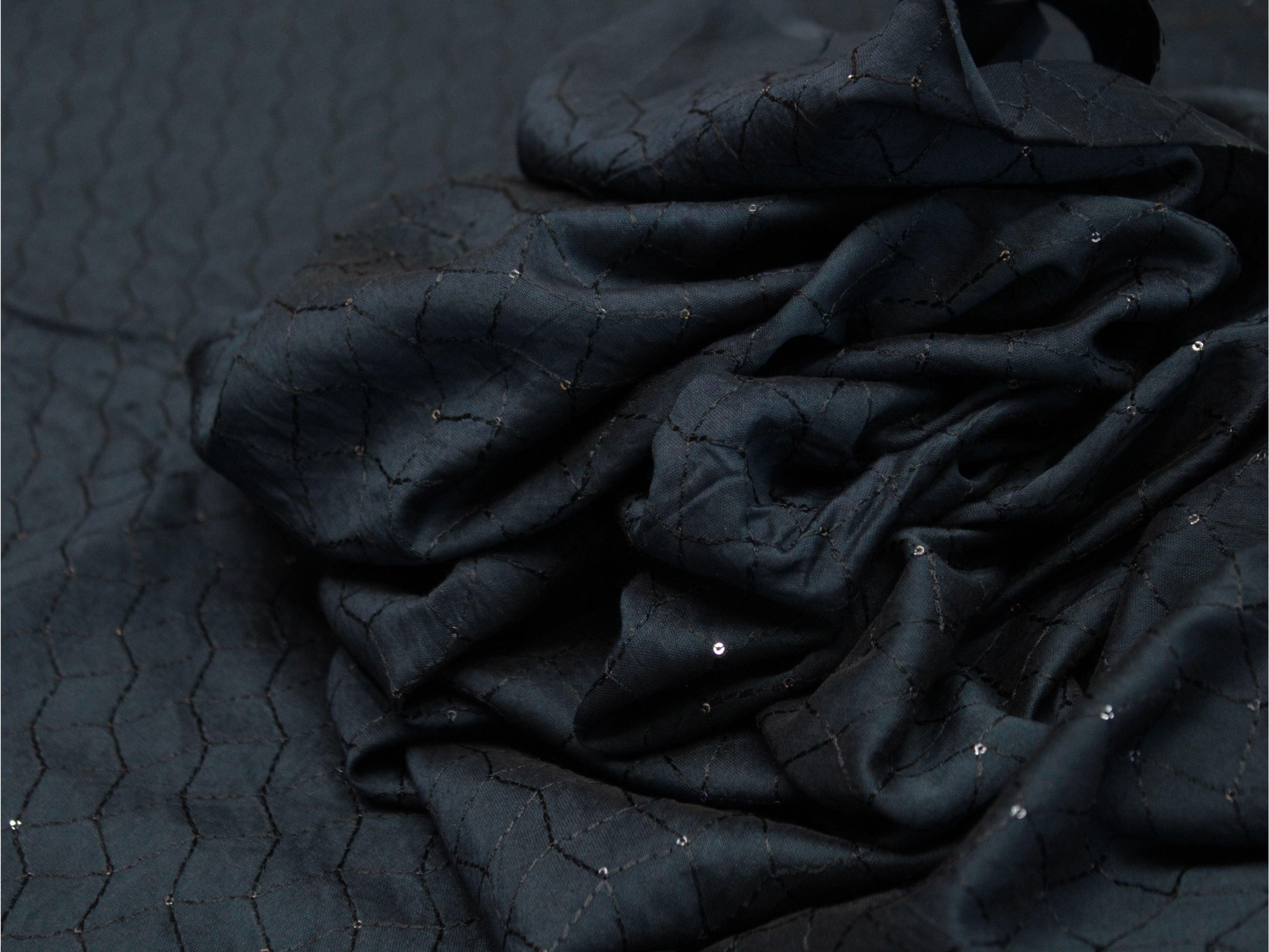 Chanderi Silk Thread & Sequin Work Fabric - Teal Blue - M'Foks