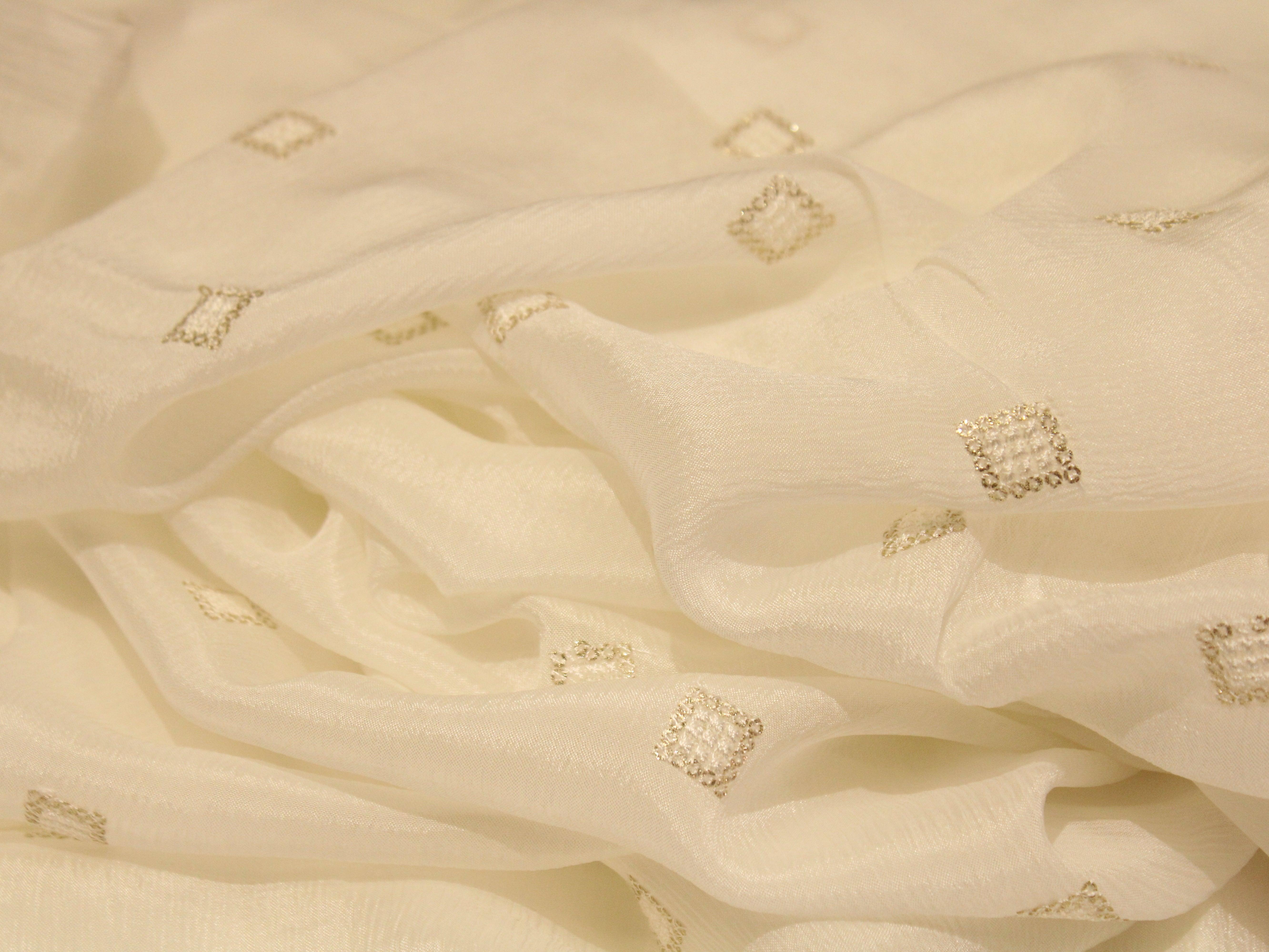 Chinon Micro Thread & Sequins Buti Work Fabric - White Dyeable - M'Foks