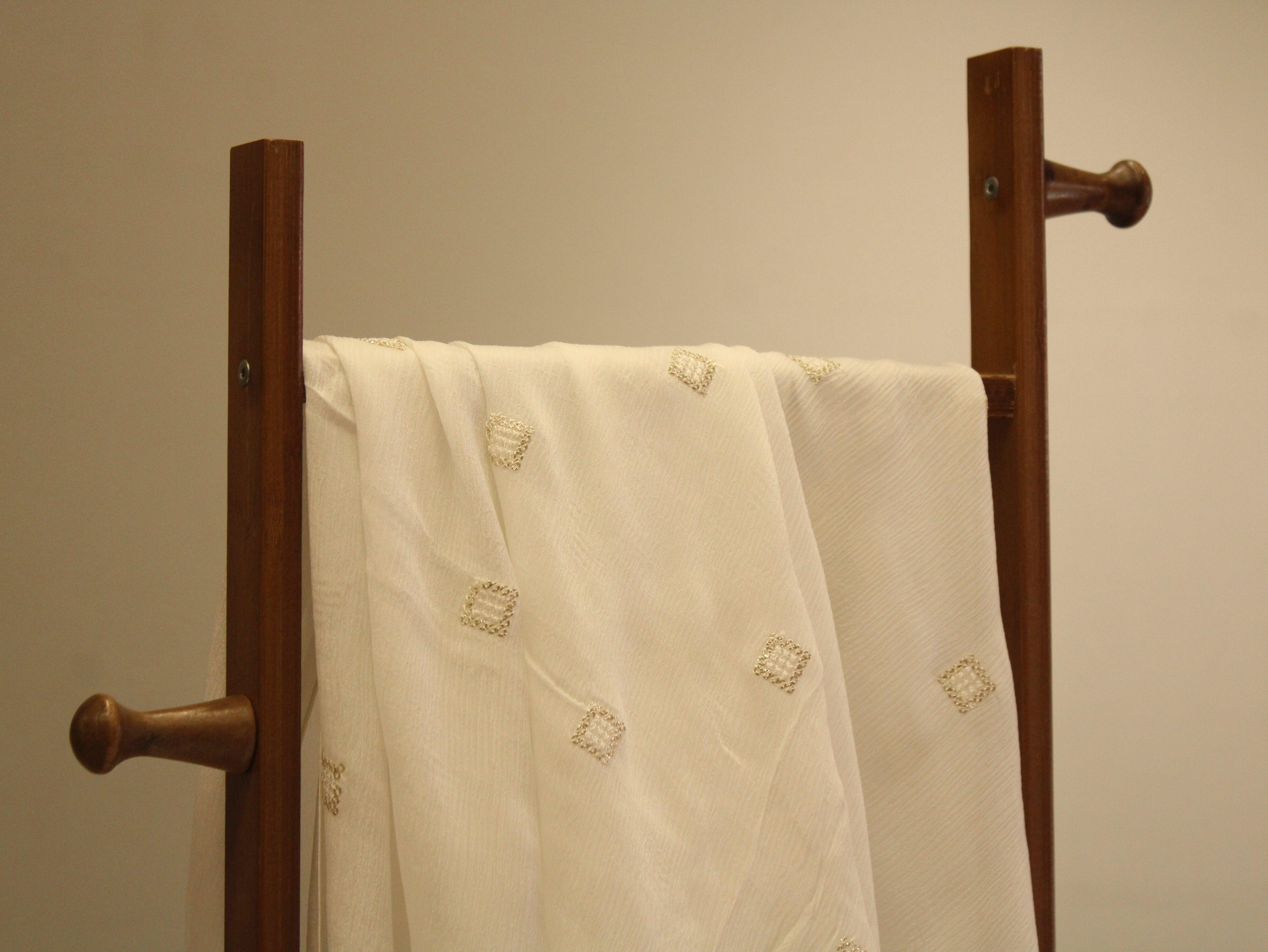 Chinon Micro Thread & Sequins Buti Work Fabric - White Dyeable - M'Foks