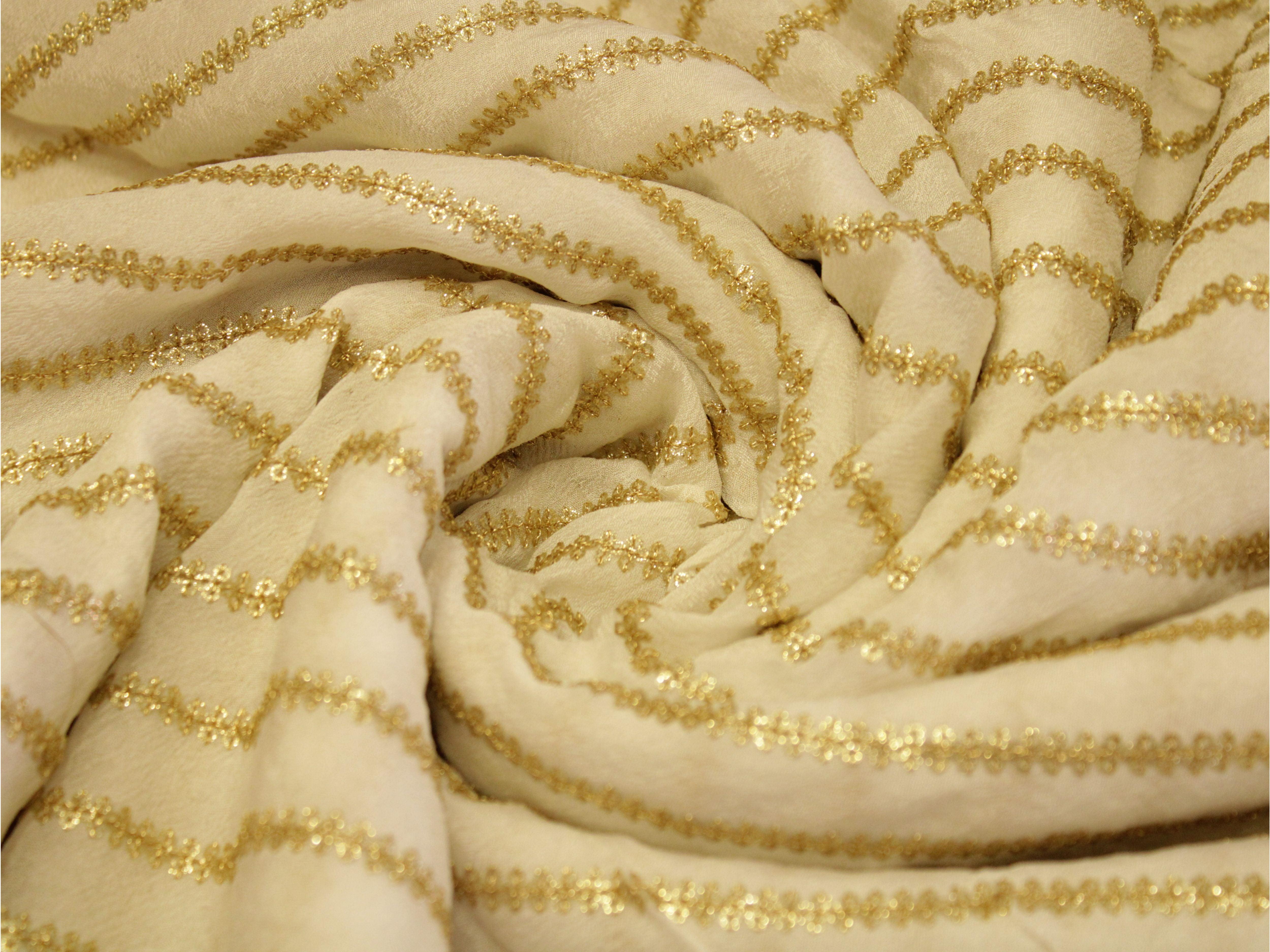 Chinon Micro Thread & Sequins Work Lehariya Fabric - White Dyeable - M'Foks