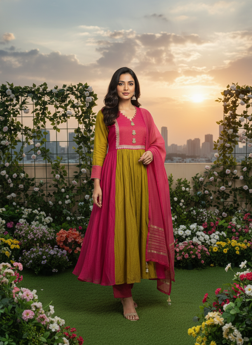 Pure Mal Chanderi Designer Suit Set – Green & Rani A-Line Kurta with Banarasi Dupatta