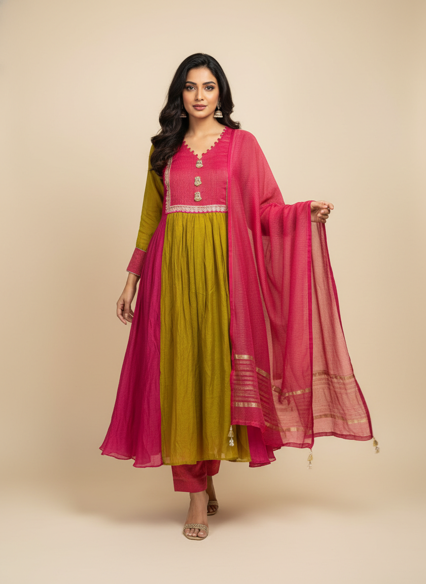 Pure Mal Chanderi Designer Suit Set – Green & Rani A-Line Kurta with Banarasi Dupatta