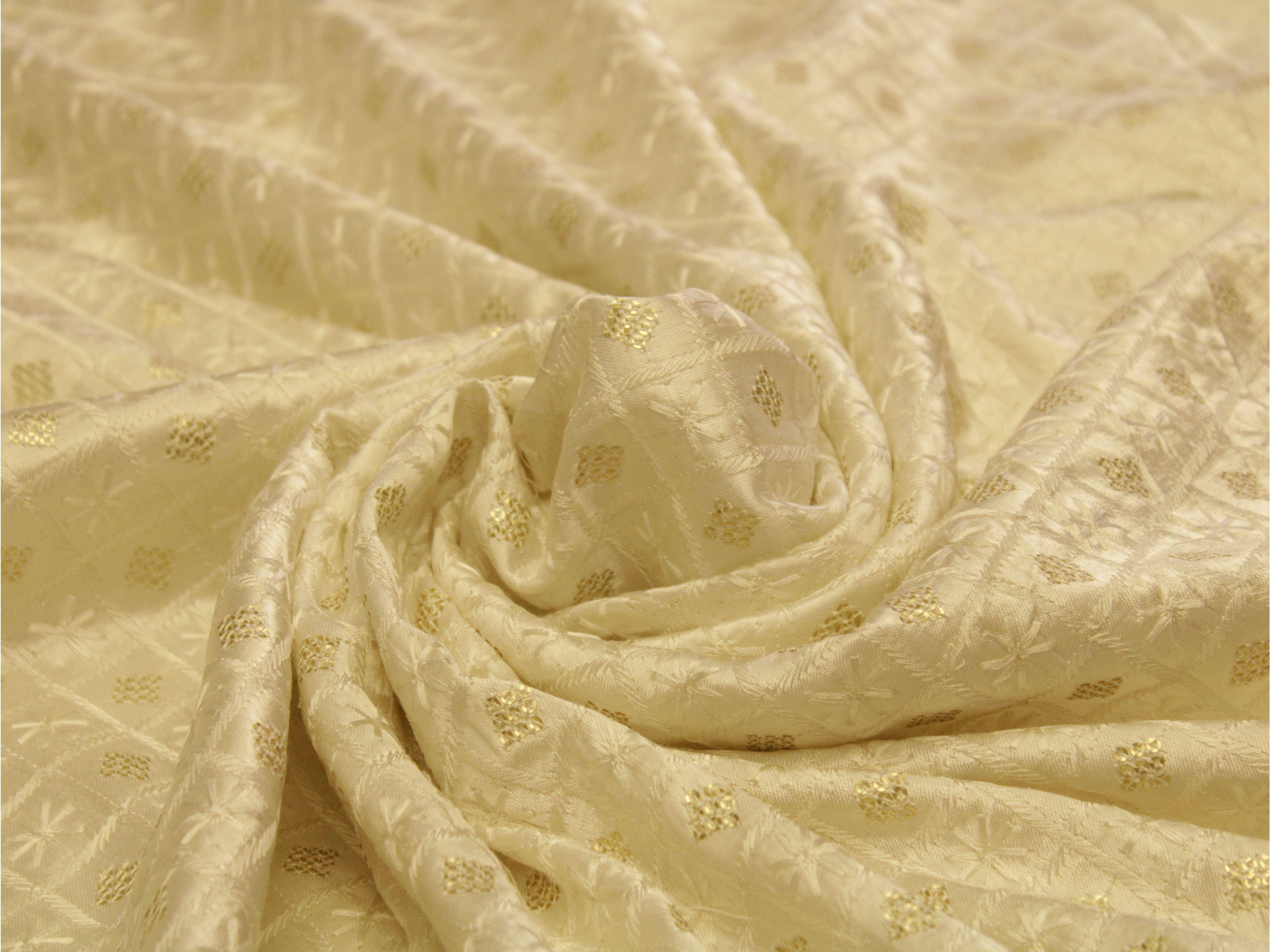 Gaji Silk Thread & Sequin Work Fabric - White Dyeable - M'Foks