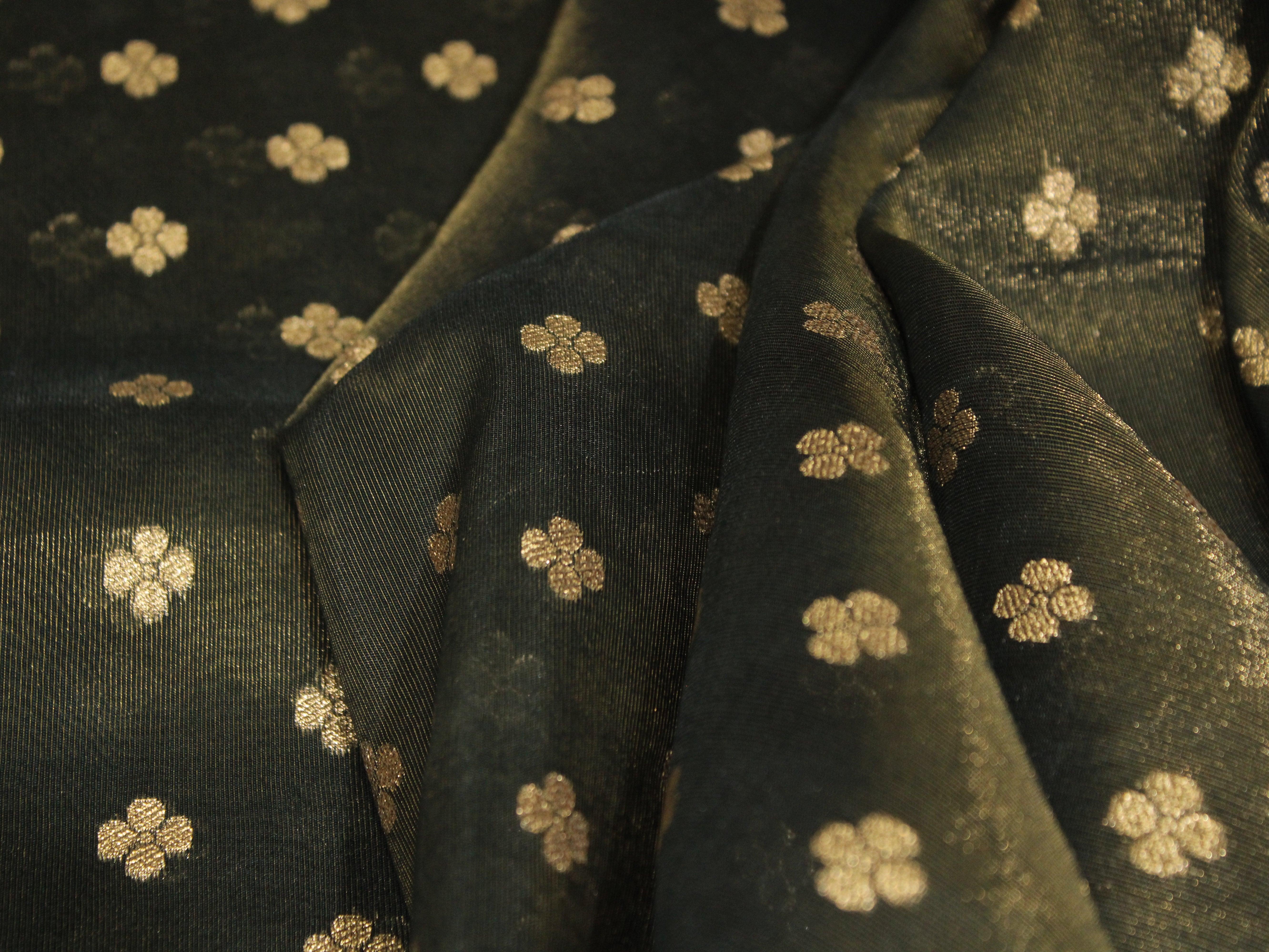 Ivory Elegance: Premium Banarasi Buti Tissue Fabric - Peacock Blue - M'Foks