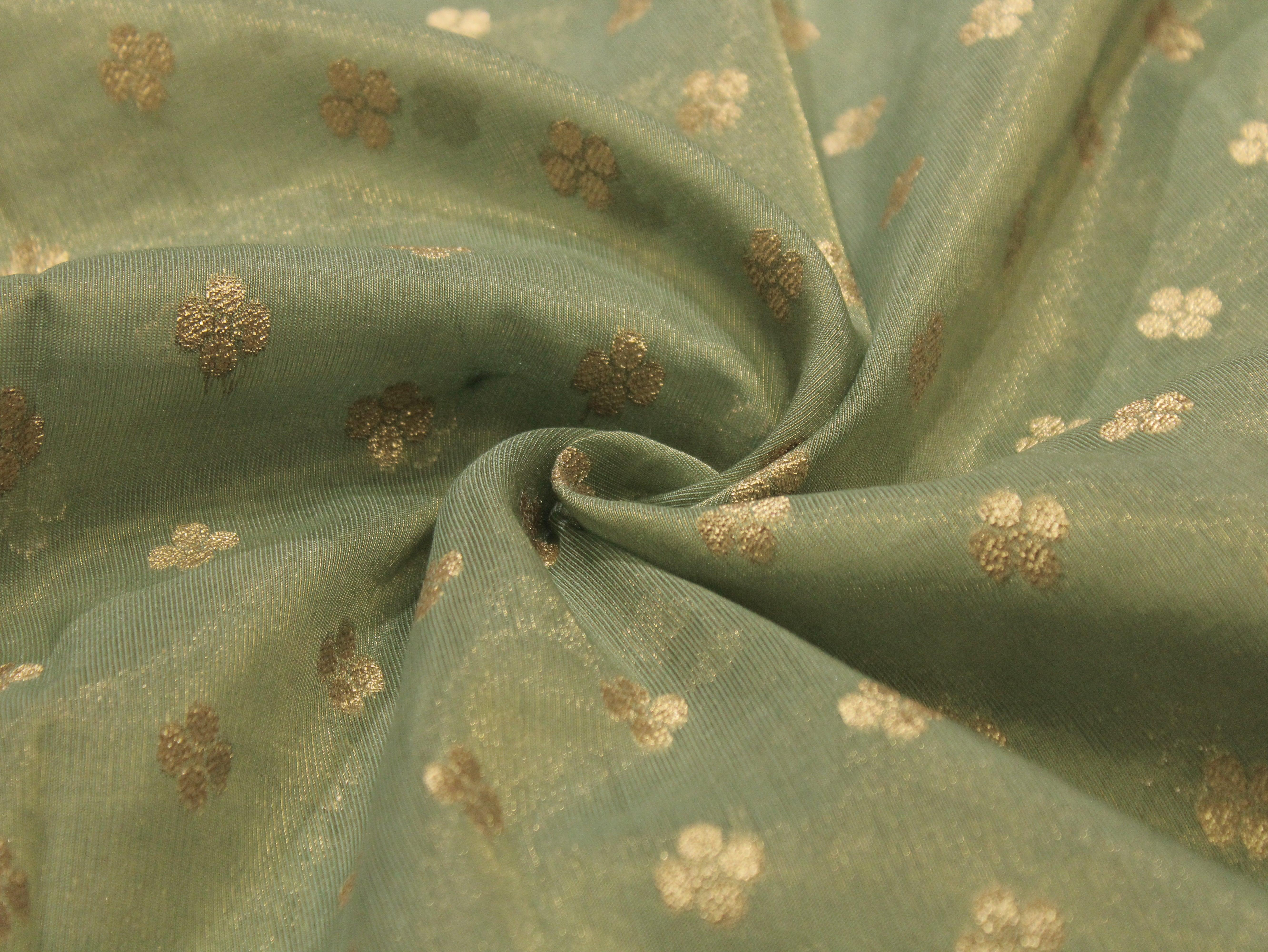 Ivory Elegance: Premium Banarasi Buti Tissue Fabric - Pista Blue - M'Foks