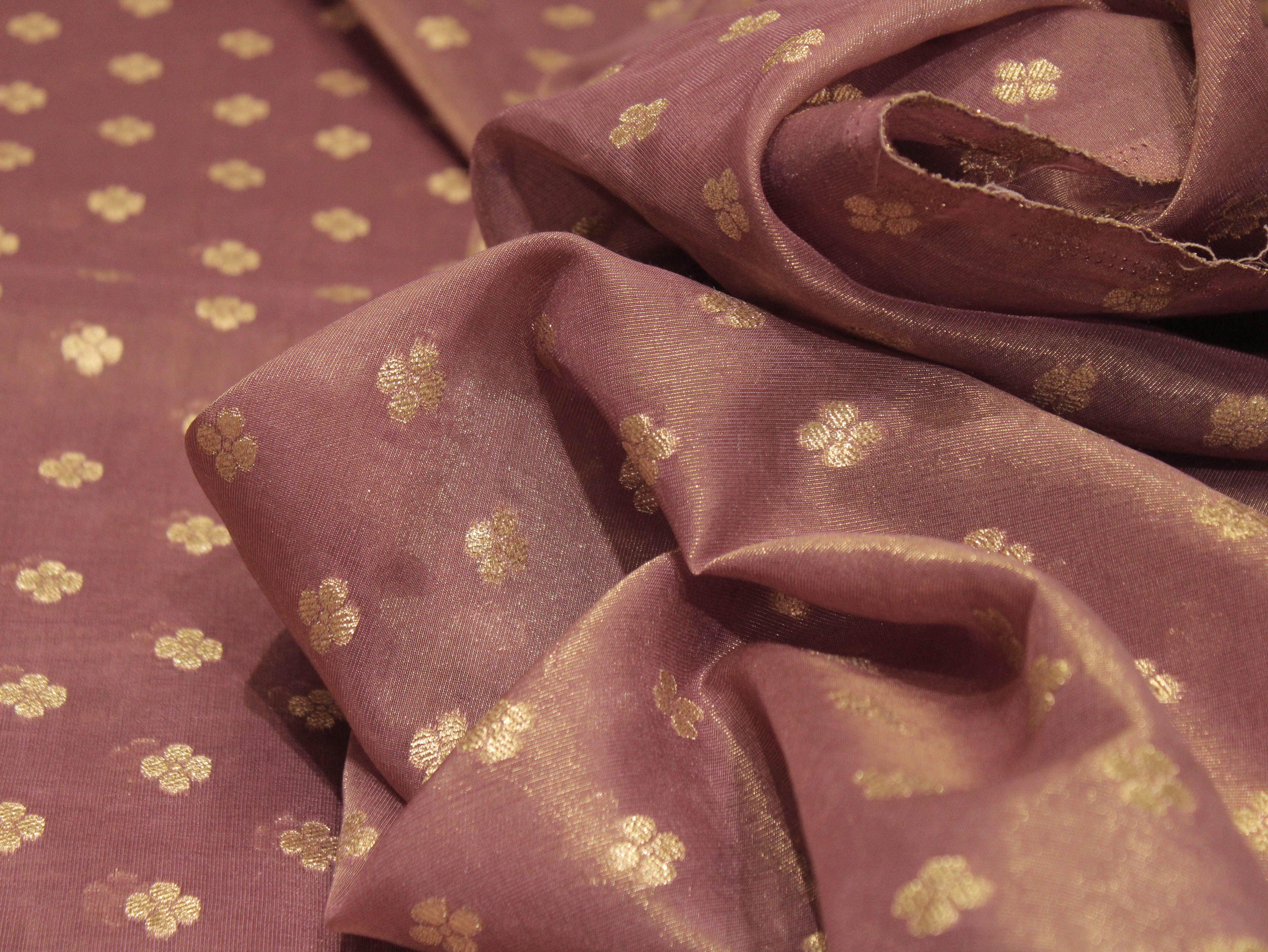 Ivory Elegance: Premium Banarasi Buti Tissue Fabric - Purple - M'Foks