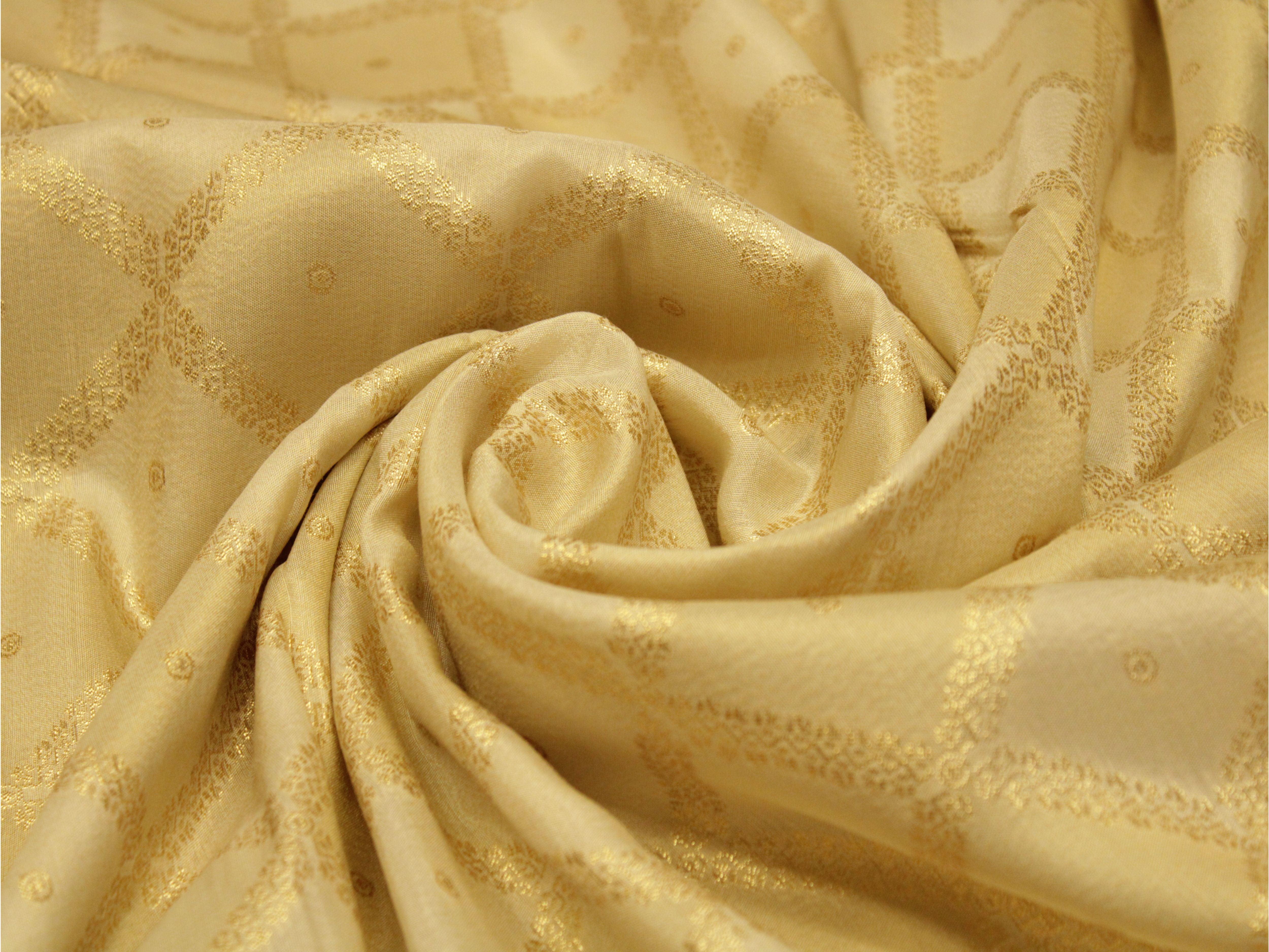 Ivory Elegance: Premium Banarasi Zari Woven Dola Silk Fabric - M'Foks