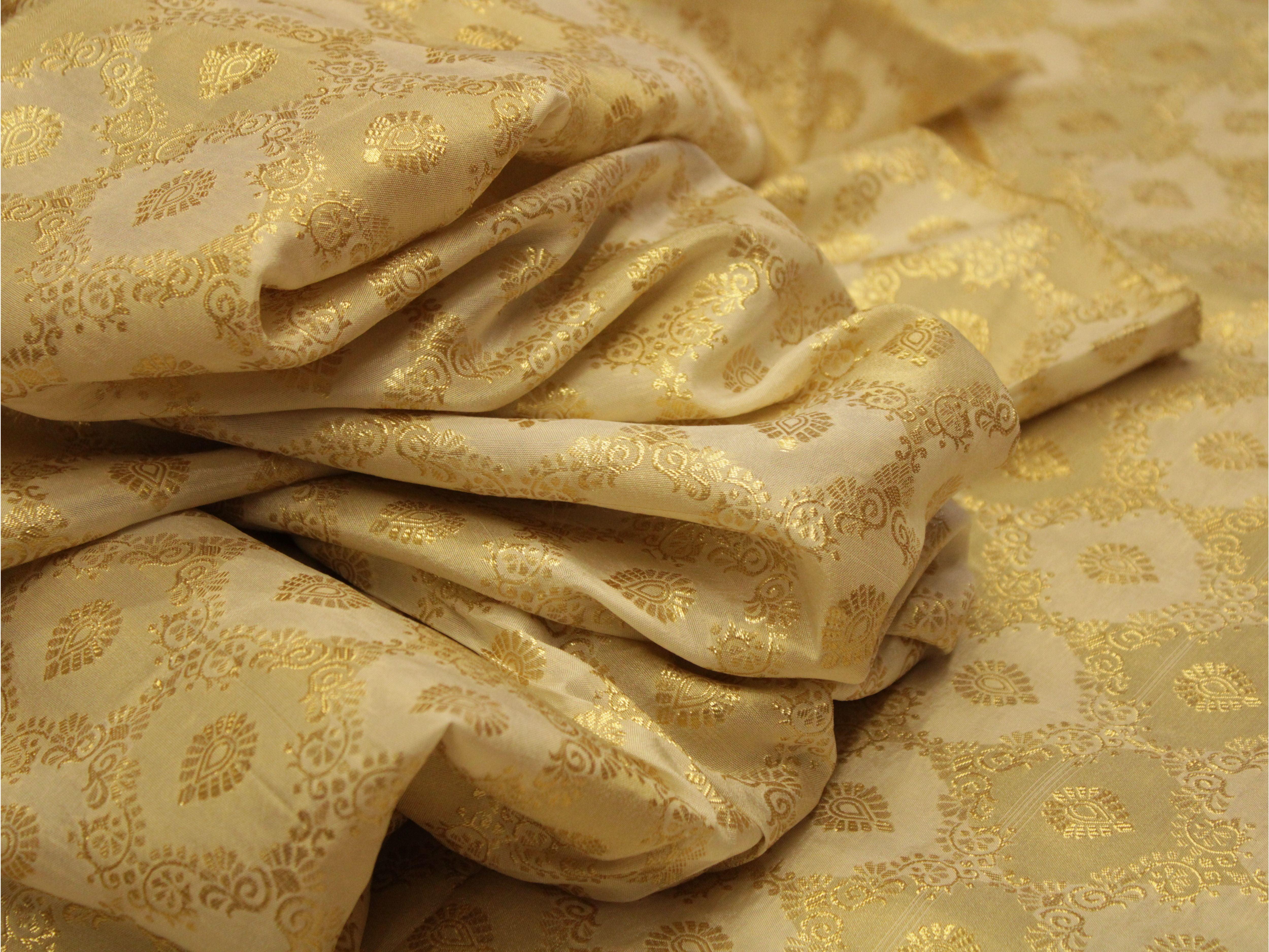 Ivory Elegance: Premium Banarasi Zari Woven Dola Silk Fabric - M'Foks