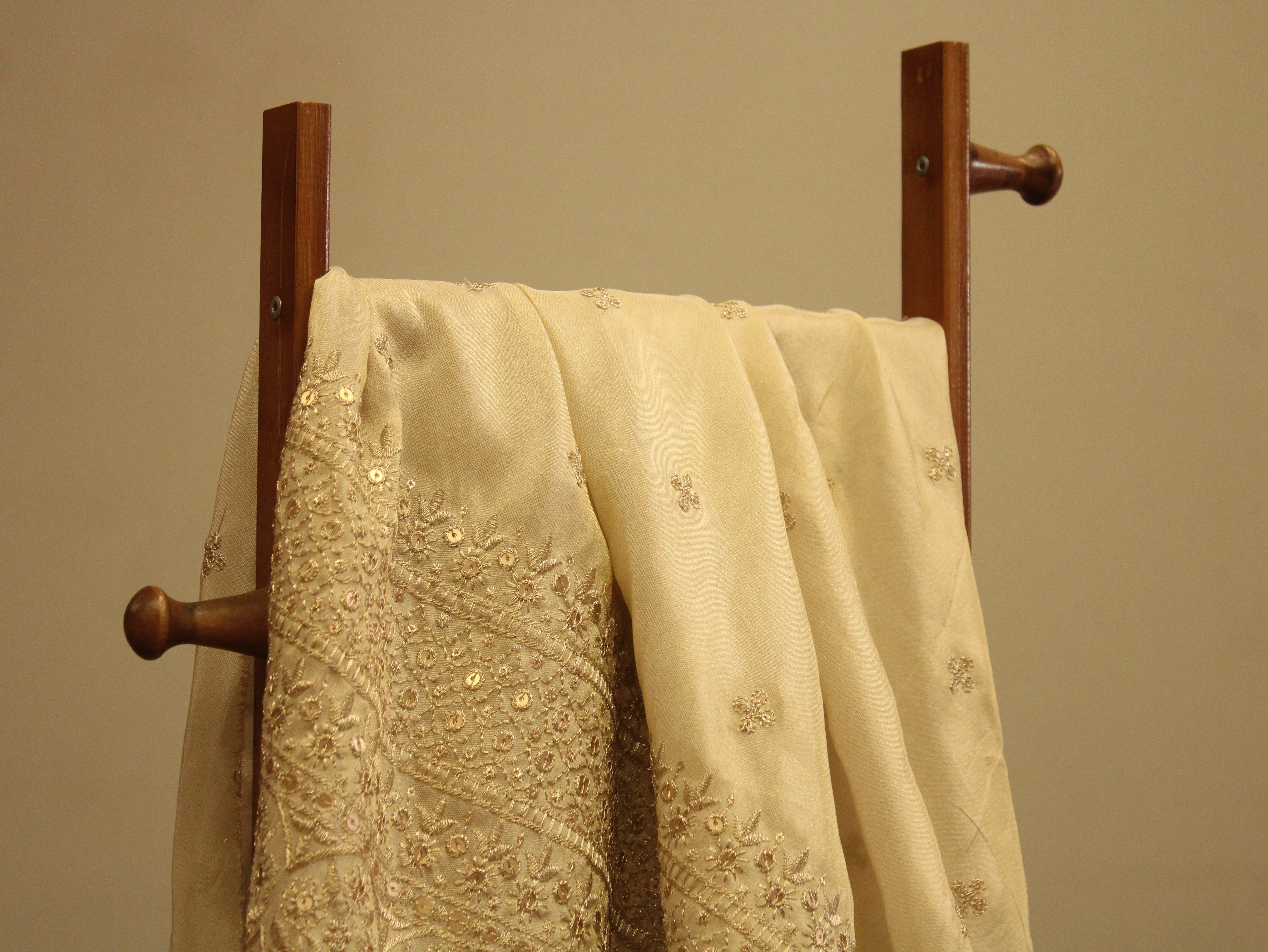 Ivory Elegance: Premium panel work Tissue Fabric - M'Foks