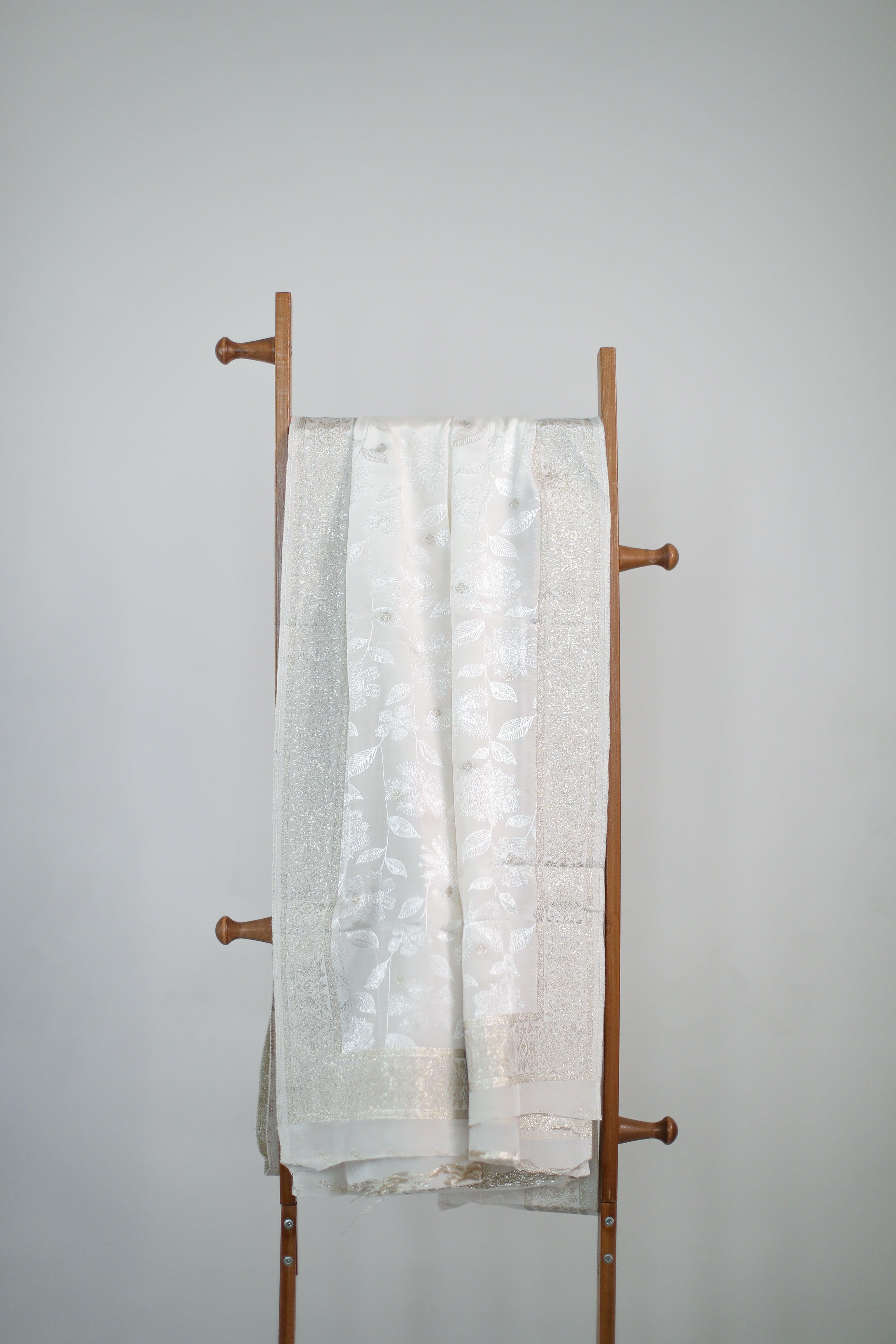 Modal Silk Self Woven Dupatta/Stole - White Dyeable - M'Foks