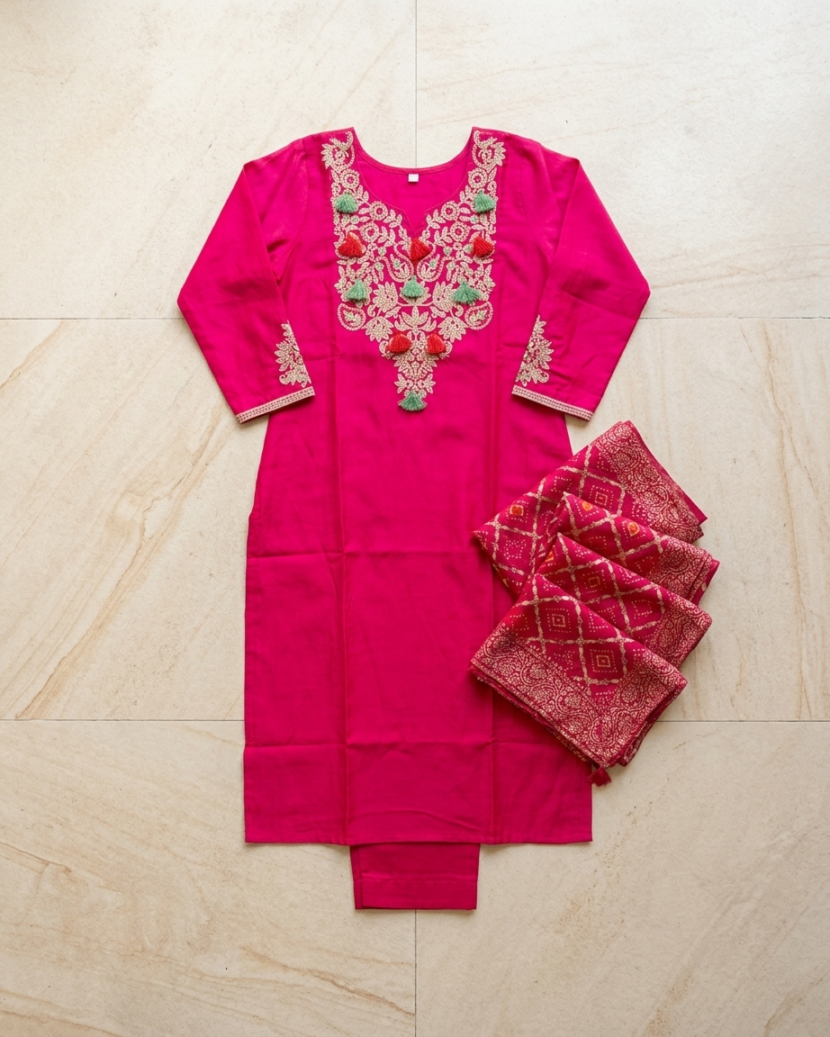 Rani Pink Chanderi Muslin Silk Embroidered Suit Set | Bandhani Dupatta | M'Foks