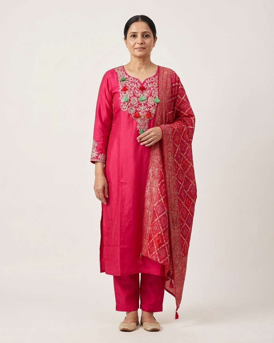Rani Pink Chanderi Muslin Silk Embroidered Suit Set | Bandhani Dupatta | M'Foks