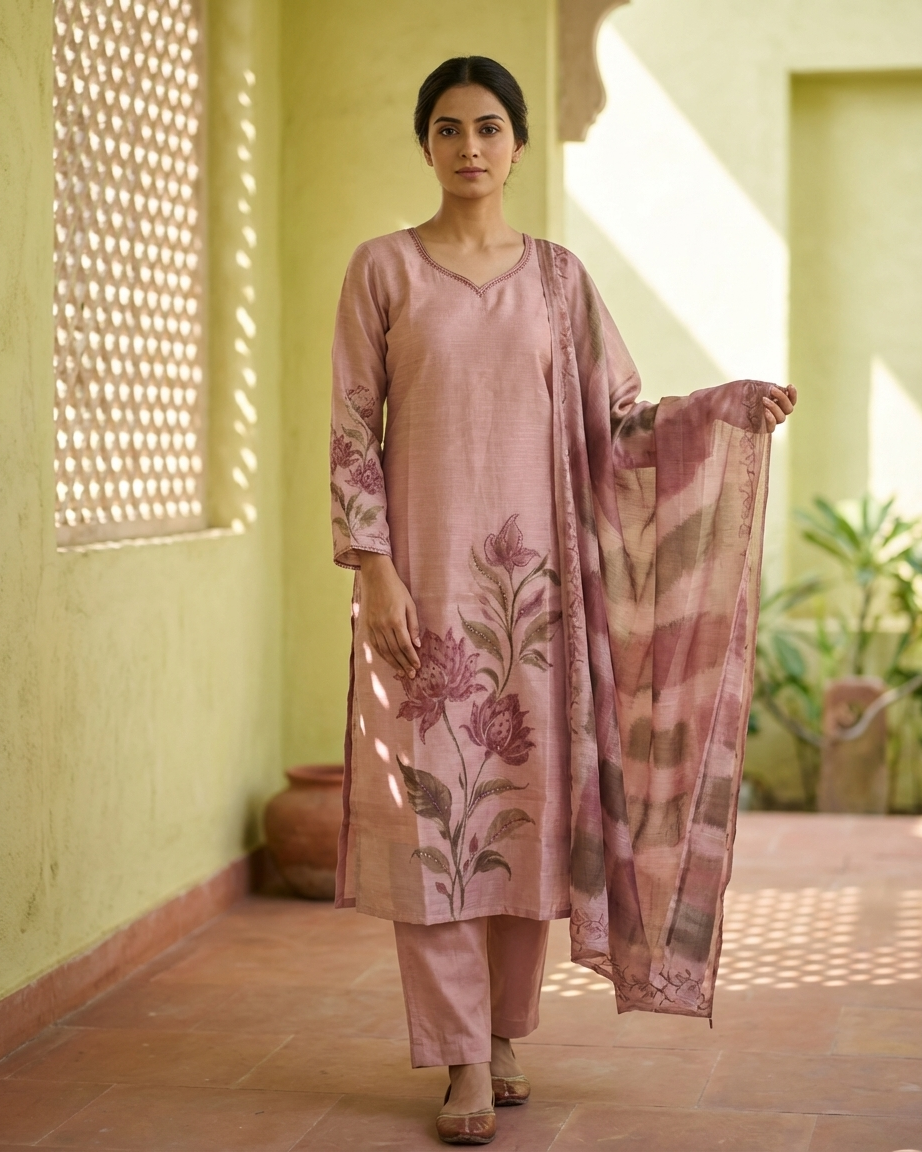 Dusty Mauve Tissue Silk Botanical Print Suit Set | Position Print | M'Foks