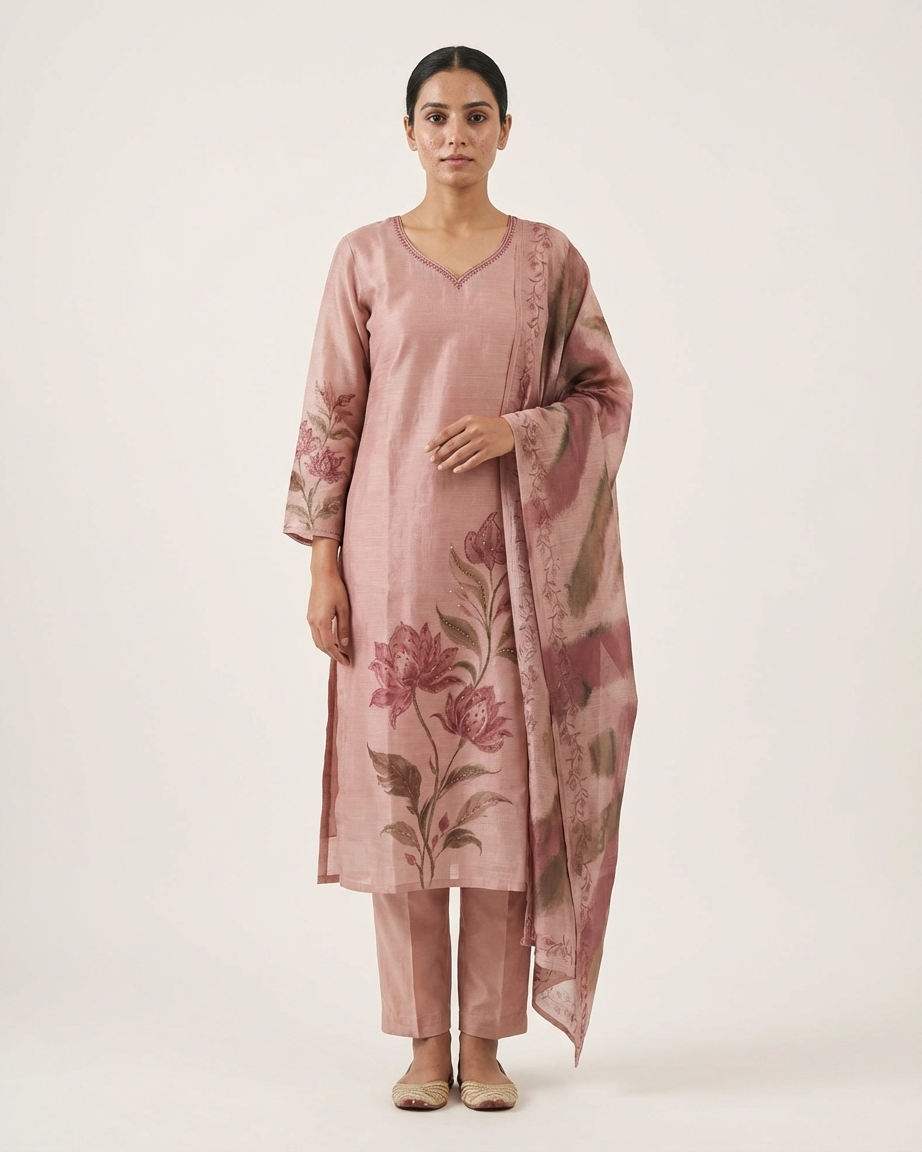 Dusty Mauve Tissue Silk Botanical Print Suit Set | Position Print | M'Foks
