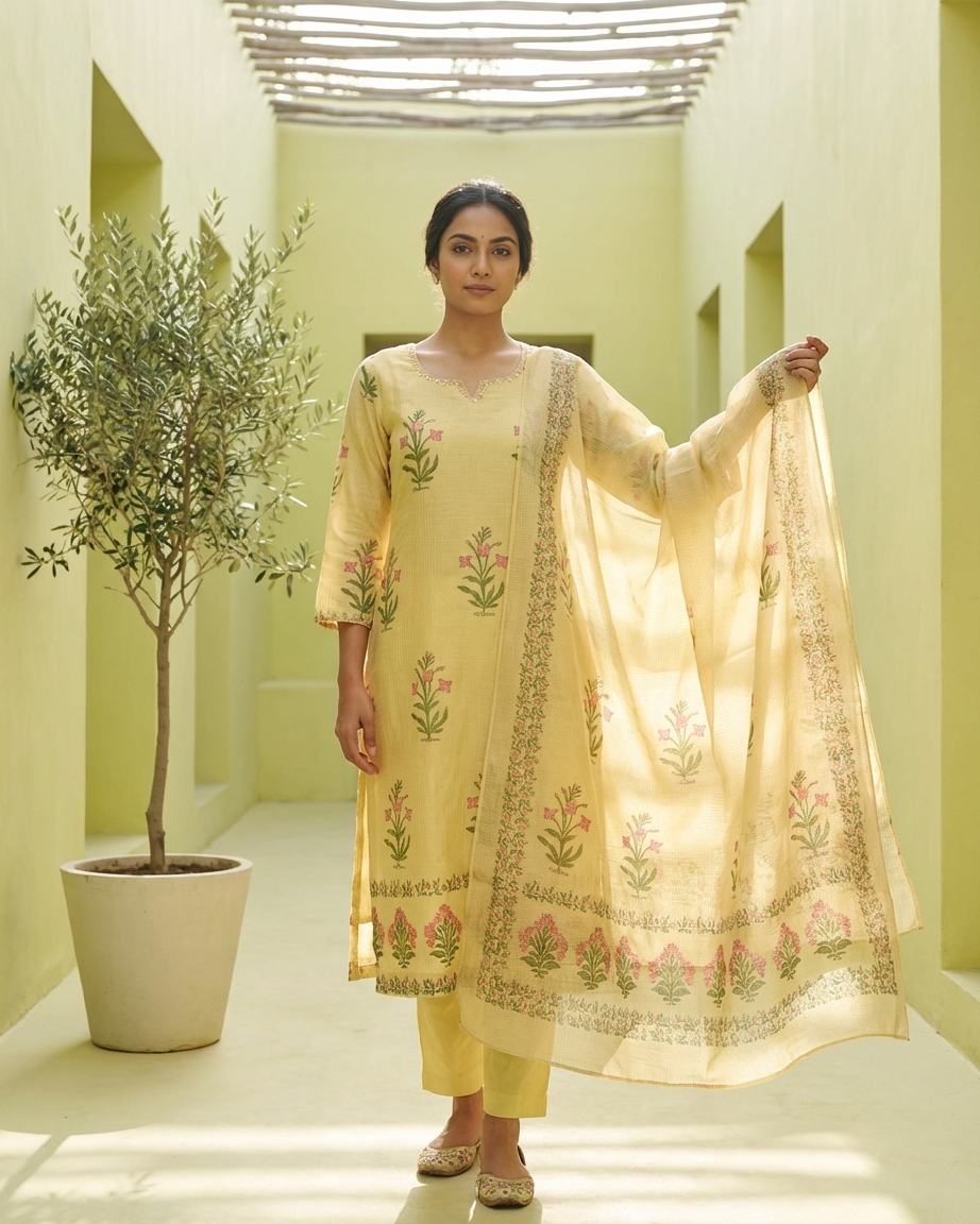 Pastel Yellow Doria Suit Set | Kota Doria | Botanical Print | M'Foks