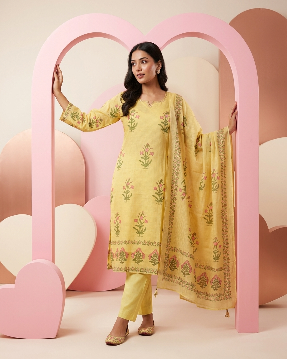 Pastel Yellow Doria Suit Set | Kota Doria | Botanical Print | M'Foks