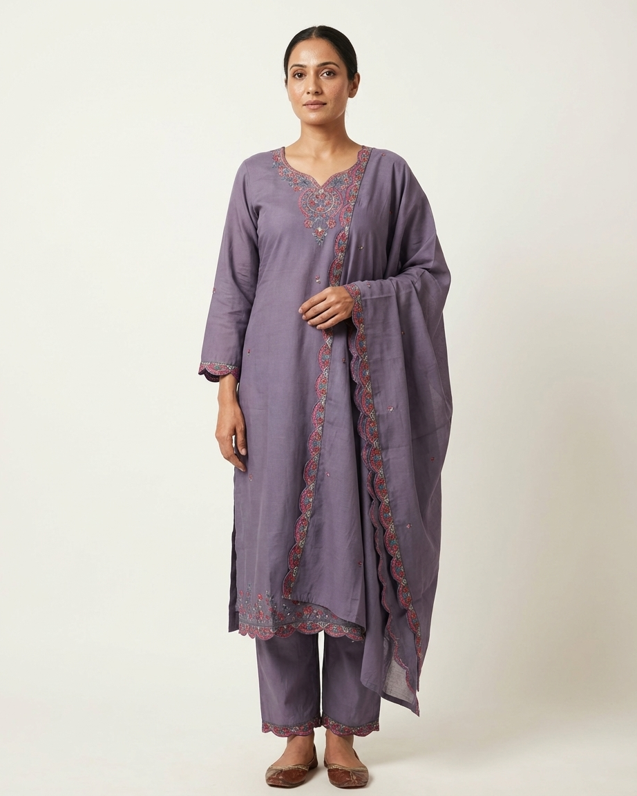 Lavender Chanderi Silk Embroidered Suit Set