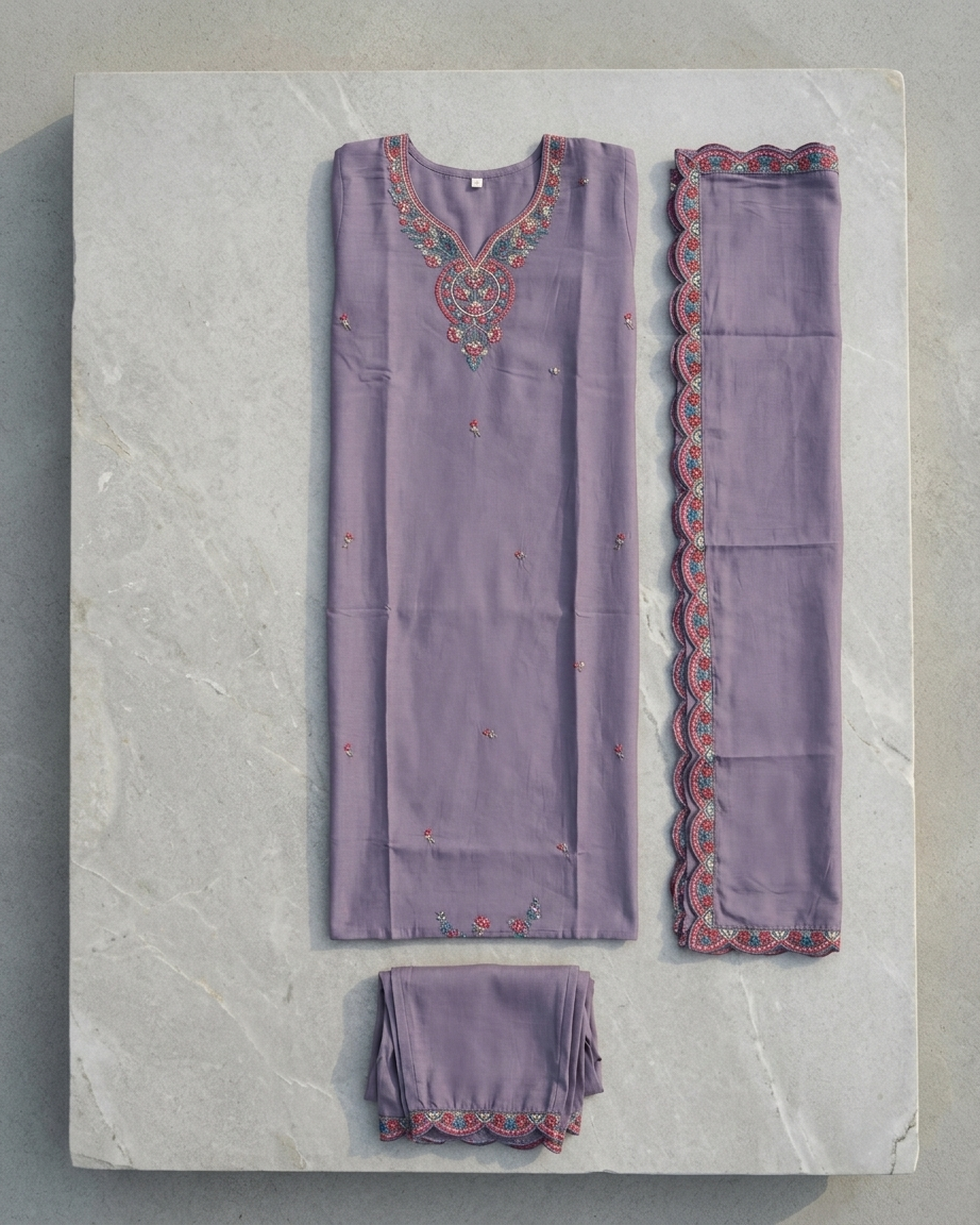 Lavender Chanderi Silk Embroidered Suit Set