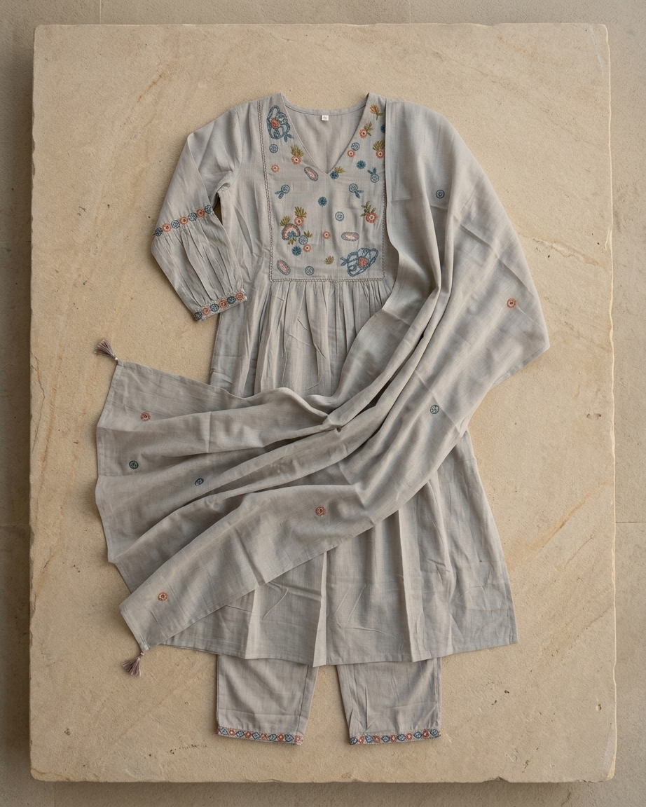 Dove Grey Mal Cotton A-Line Suit Set | Pastel Floral Embroidery | M'Foks
