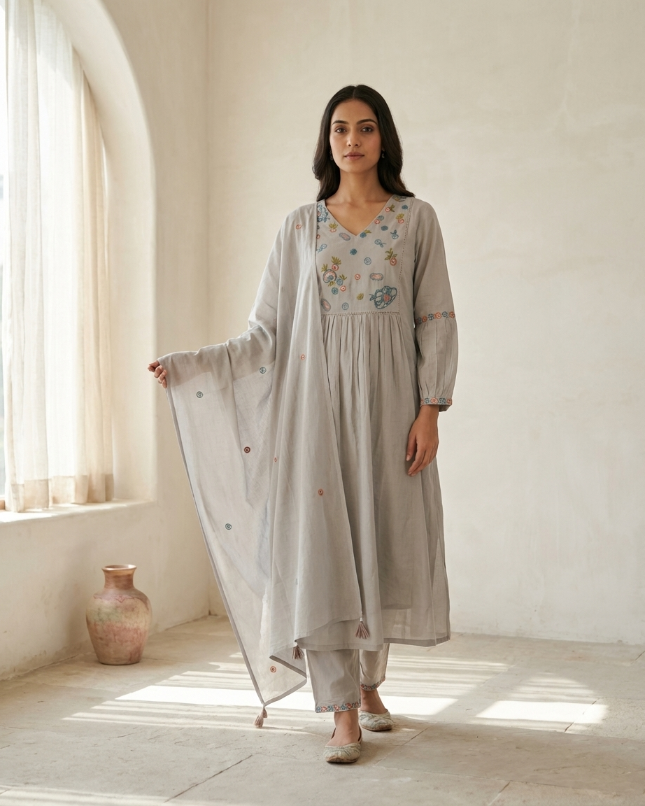 Dove Grey Mal Cotton A-Line Suit Set | Pastel Floral Embroidery | M'Foks