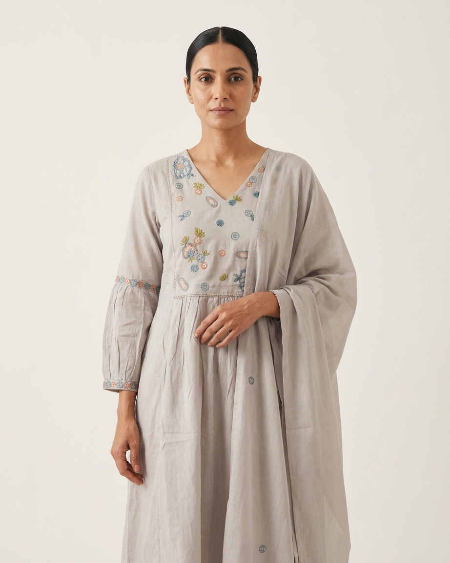 Dove Grey Mal Cotton A-Line Suit Set | Pastel Floral Embroidery | M'Foks
