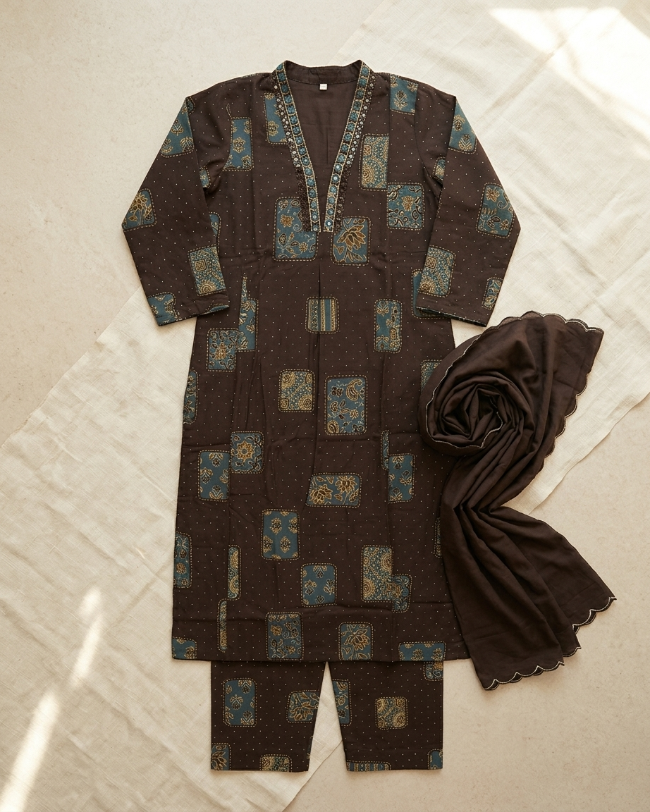 Dark Brown Cotton A-Line Suit Set | Ajrakh Patch Print | Side Pocket | M'Foks