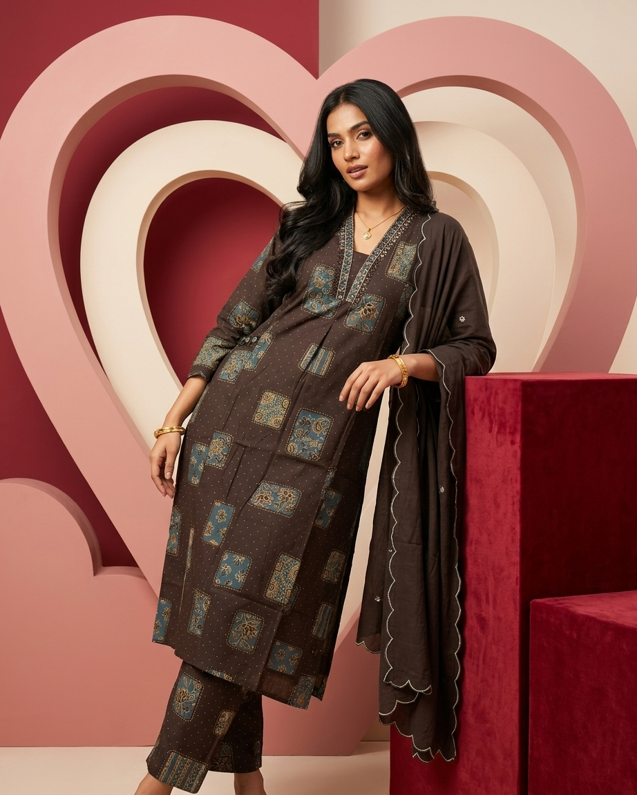 Dark Brown Cotton A-Line Suit Set | Ajrakh Patch Print | Side Pocket | M'Foks