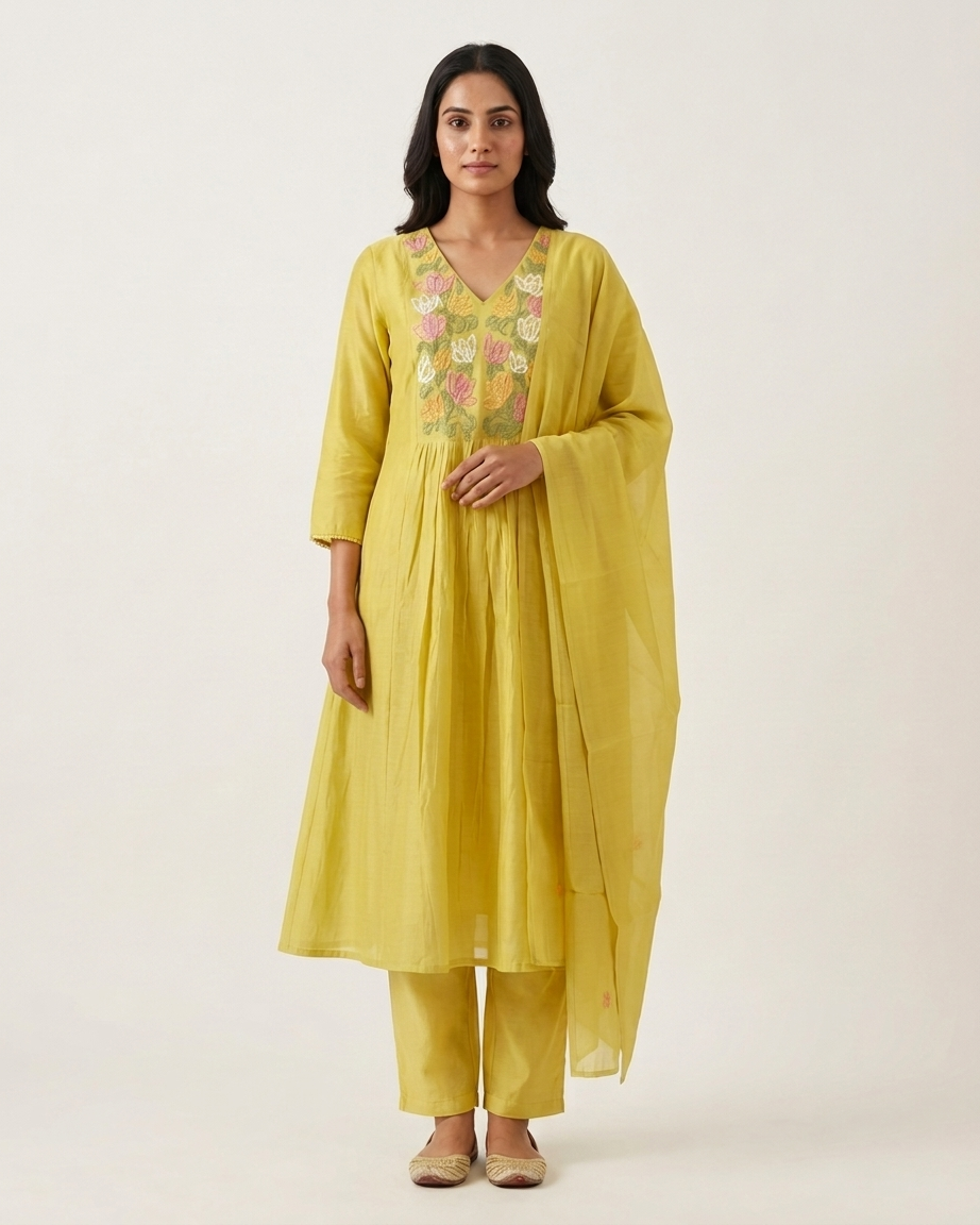 Lime Mal Chanderi A-Line Suit Set | Floral Embroidery | M'Foks