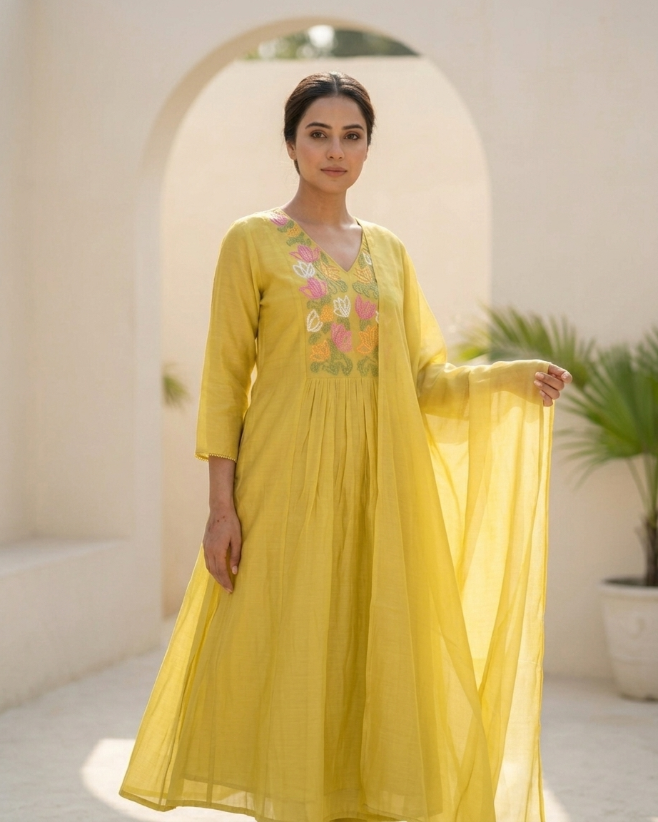 Lime Mal Chanderi A-Line Suit Set | Floral Embroidery | M'Foks