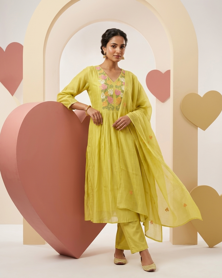 Lime Mal Chanderi A-Line Suit Set | Floral Embroidery | M'Foks