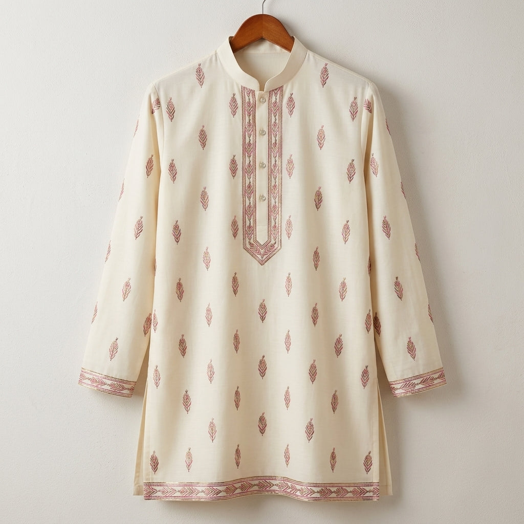 Pure Chanderi Silk Fabric for Kurta — Pink Embroidery