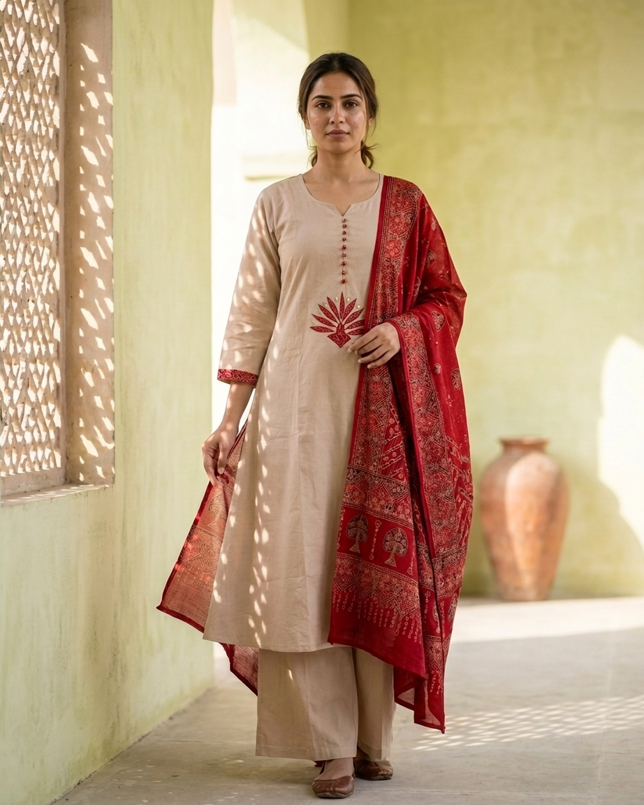 Pure Cotton A-Line Suit Set — Natural Beige | Lotus Yoke Embroidery | Red Ajrakh Block Print Dupatta
