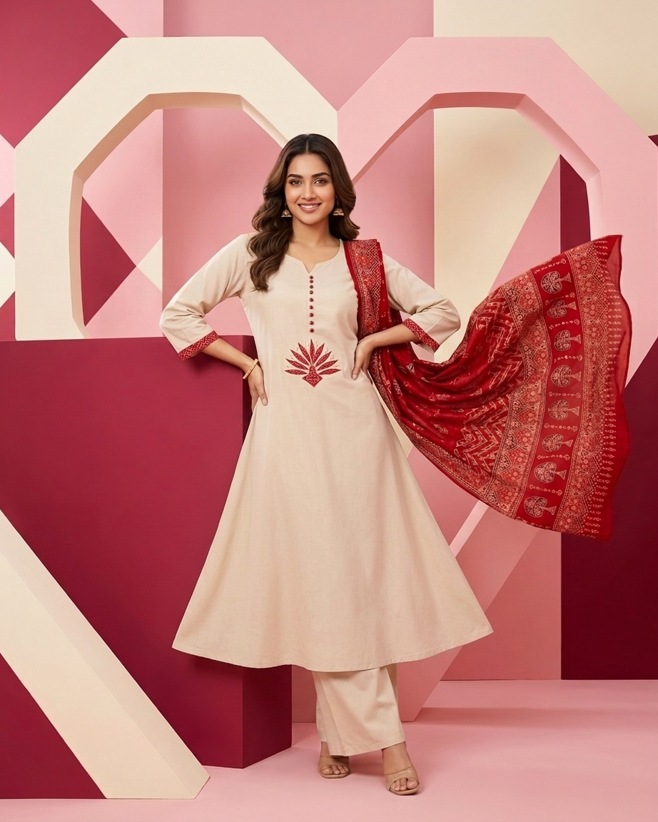 Pure Cotton A-Line Suit Set — Natural Beige | Lotus Yoke Embroidery | Red Ajrakh Block Print Dupatta