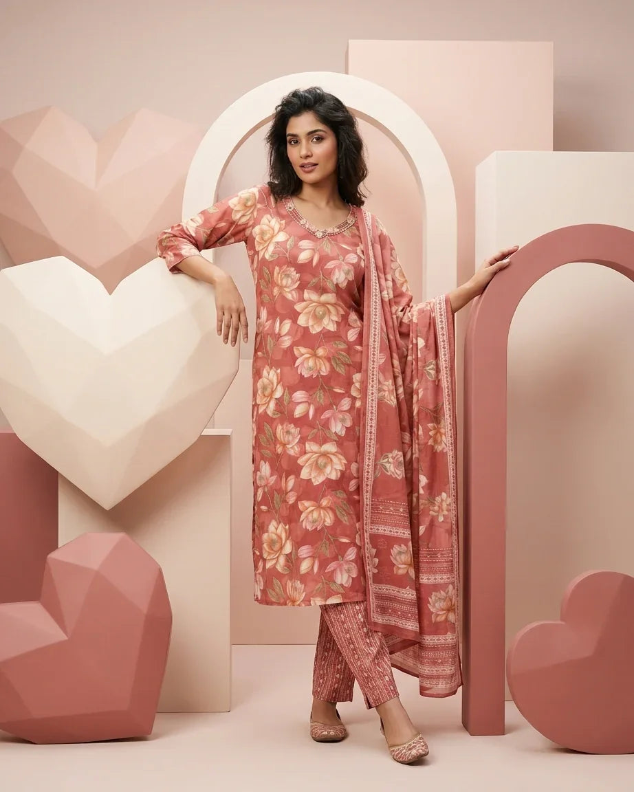Pure Cotton Straight Suit Set — Dusty Rose | Watercolour Floral Print | Kurta Pants Dupatta