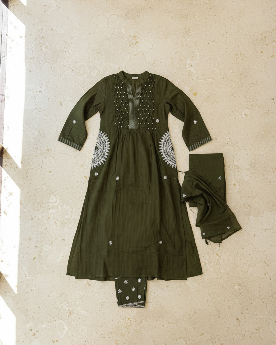 Mehendi Green Pure Cotton A-Line Kurta Set | Patch Embroidery | Straight Palazzo | Mul Dupatta | M'Foks